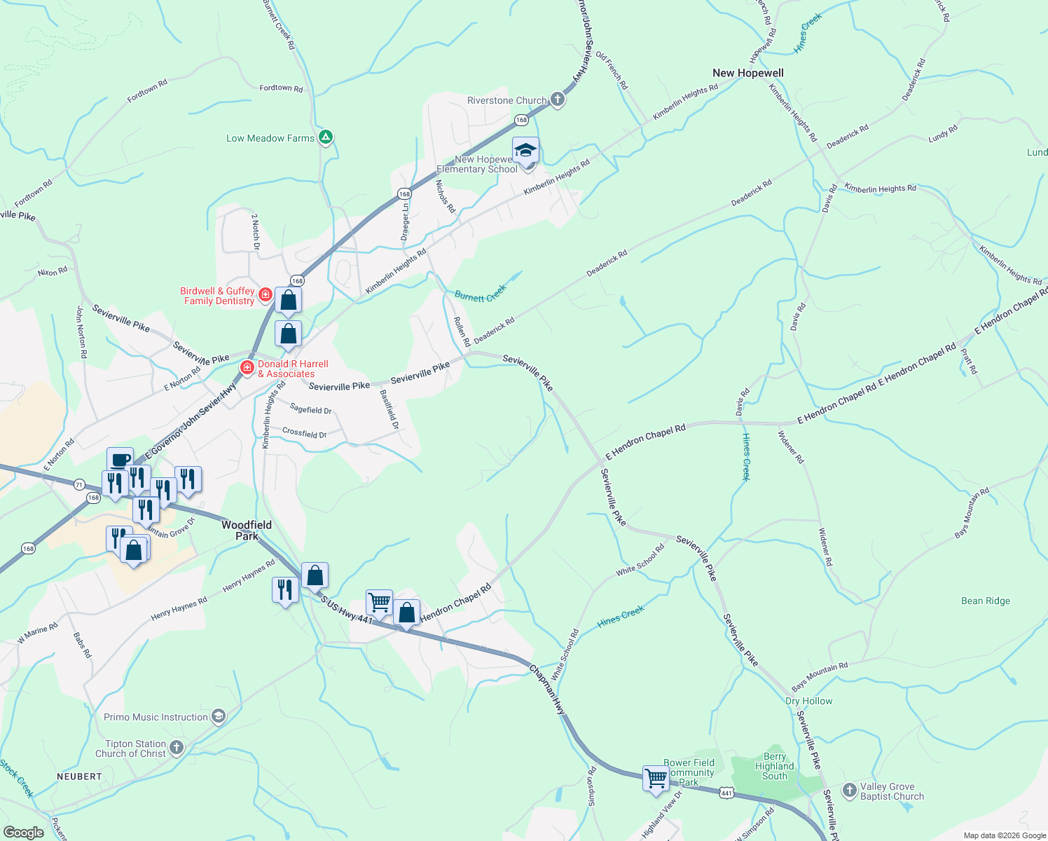 map of restaurants, bars, coffee shops, grocery stores, and more near 555 Bedloe Way in Knoxville