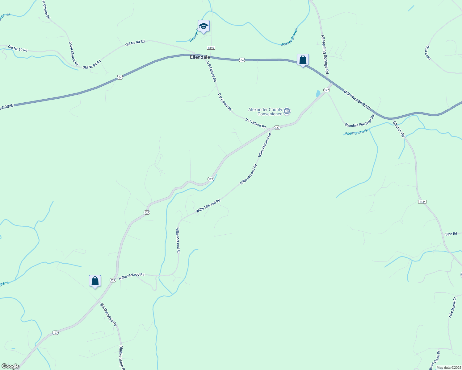 map of restaurants, bars, coffee shops, grocery stores, and more near 594 Willie McLeod Road in Taylorsville