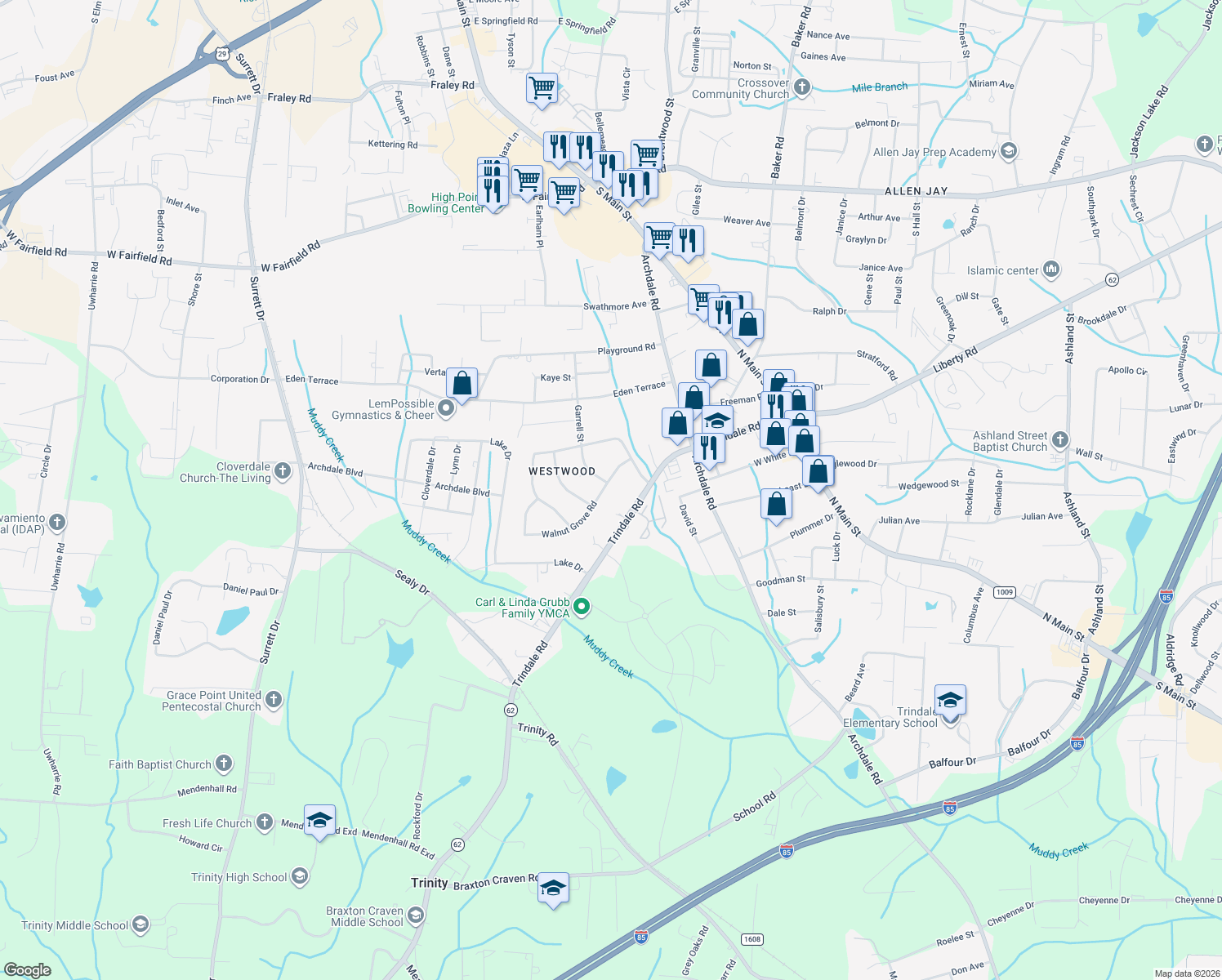 map of restaurants, bars, coffee shops, grocery stores, and more near 201 Walnut Grove Road in Archdale