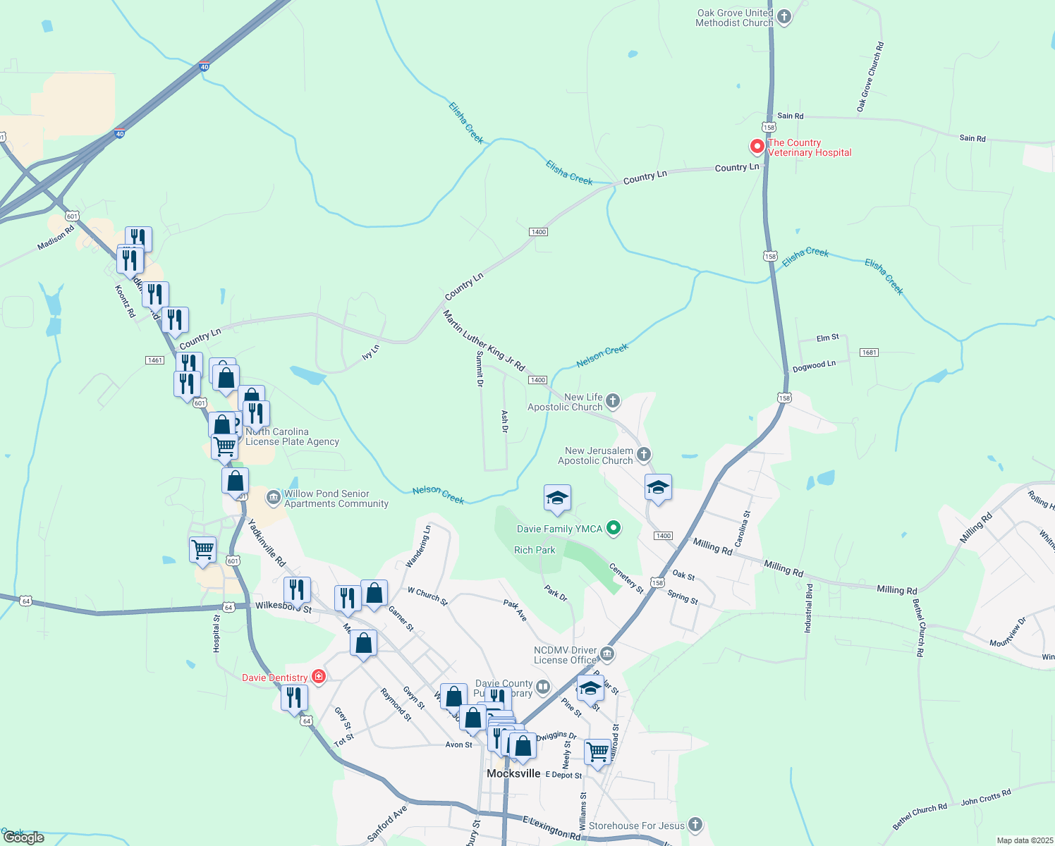 map of restaurants, bars, coffee shops, grocery stores, and more near 141 Gumtree Court in Mocksville