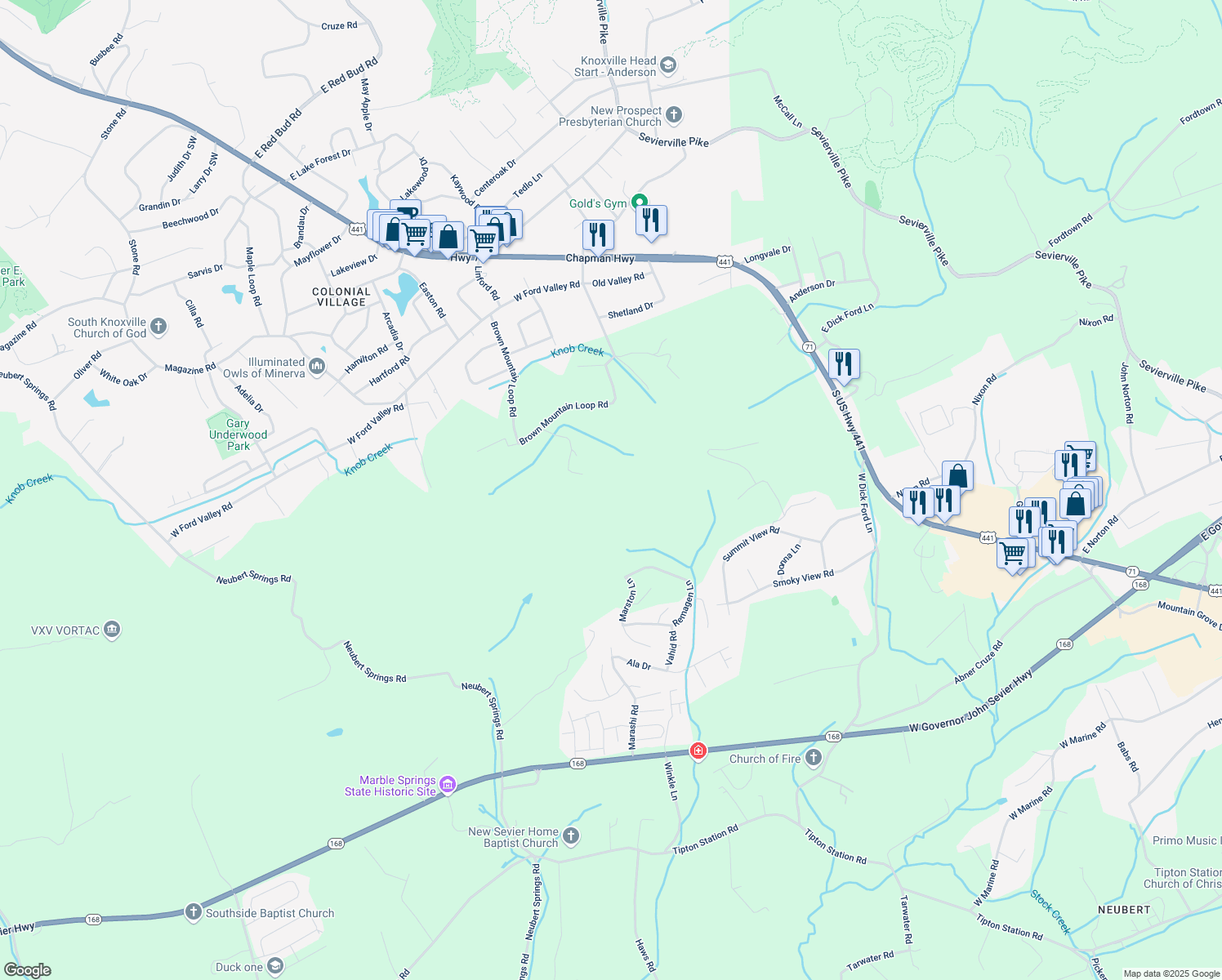 map of restaurants, bars, coffee shops, grocery stores, and more near Kimberlin Heights Road in Knox County