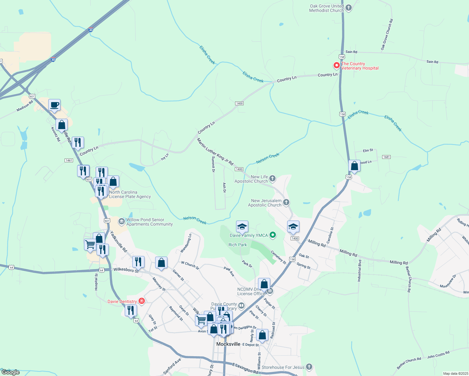 map of restaurants, bars, coffee shops, grocery stores, and more near 141 Gumtree Court in Mocksville