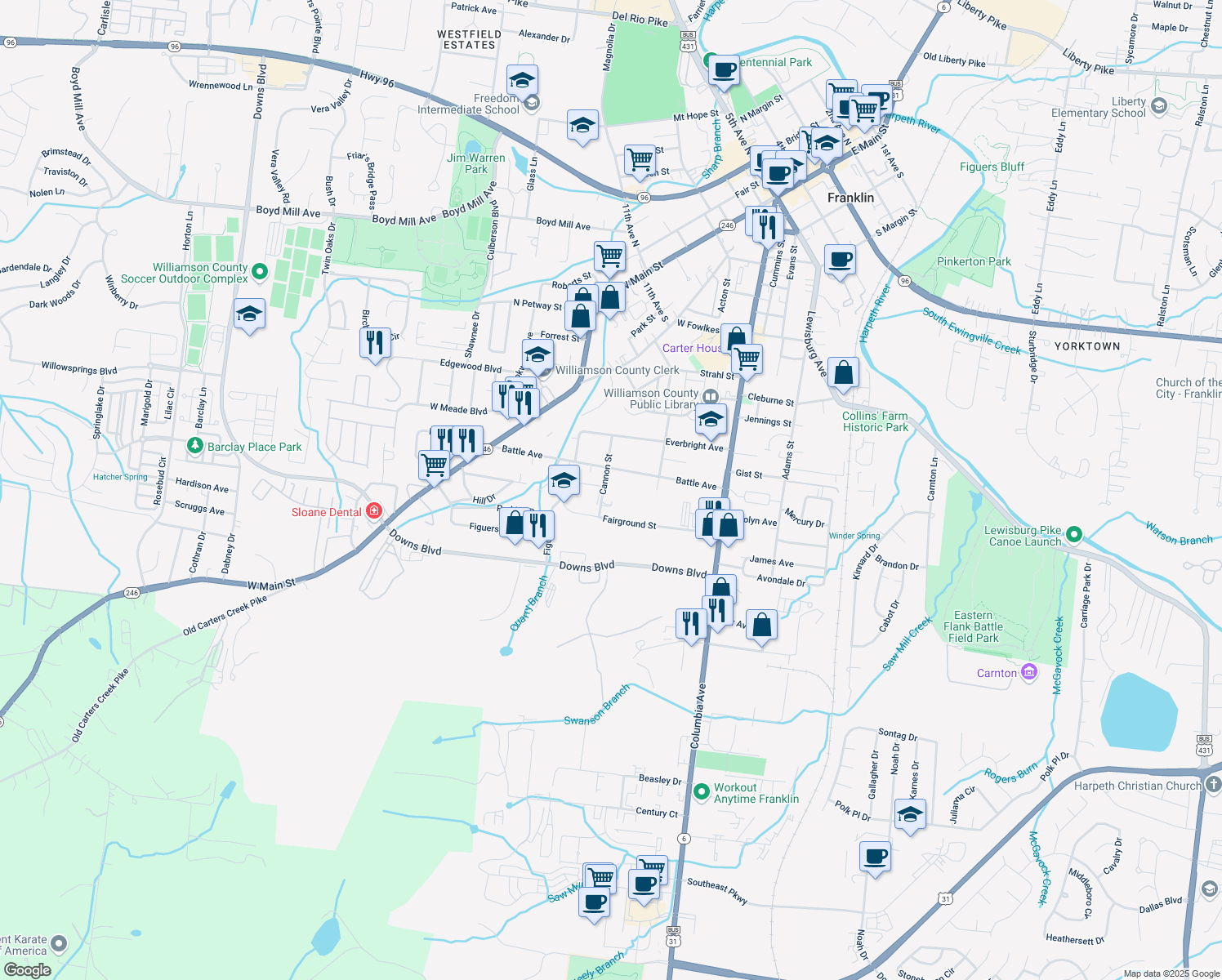 map of restaurants, bars, coffee shops, grocery stores, and more near 1405 Cannon Street in Franklin