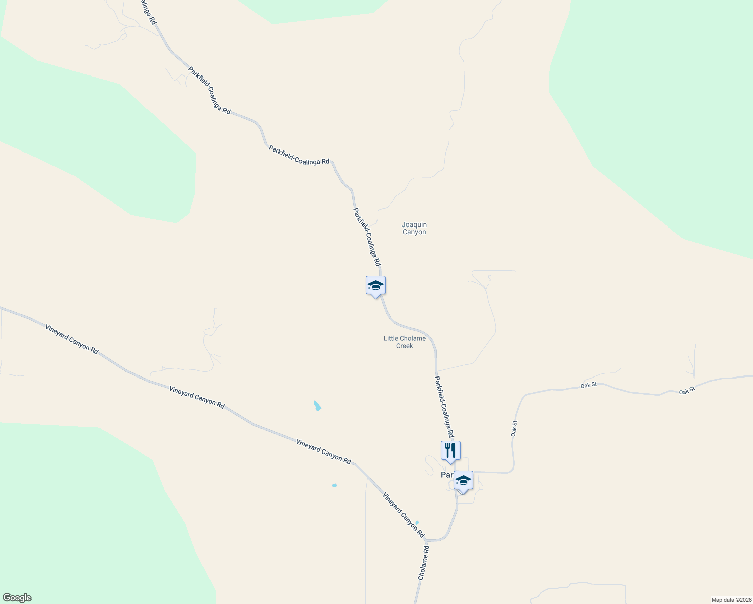 map of restaurants, bars, coffee shops, grocery stores, and more near 69610 Parkfield-Coalinga Road in San Miguel