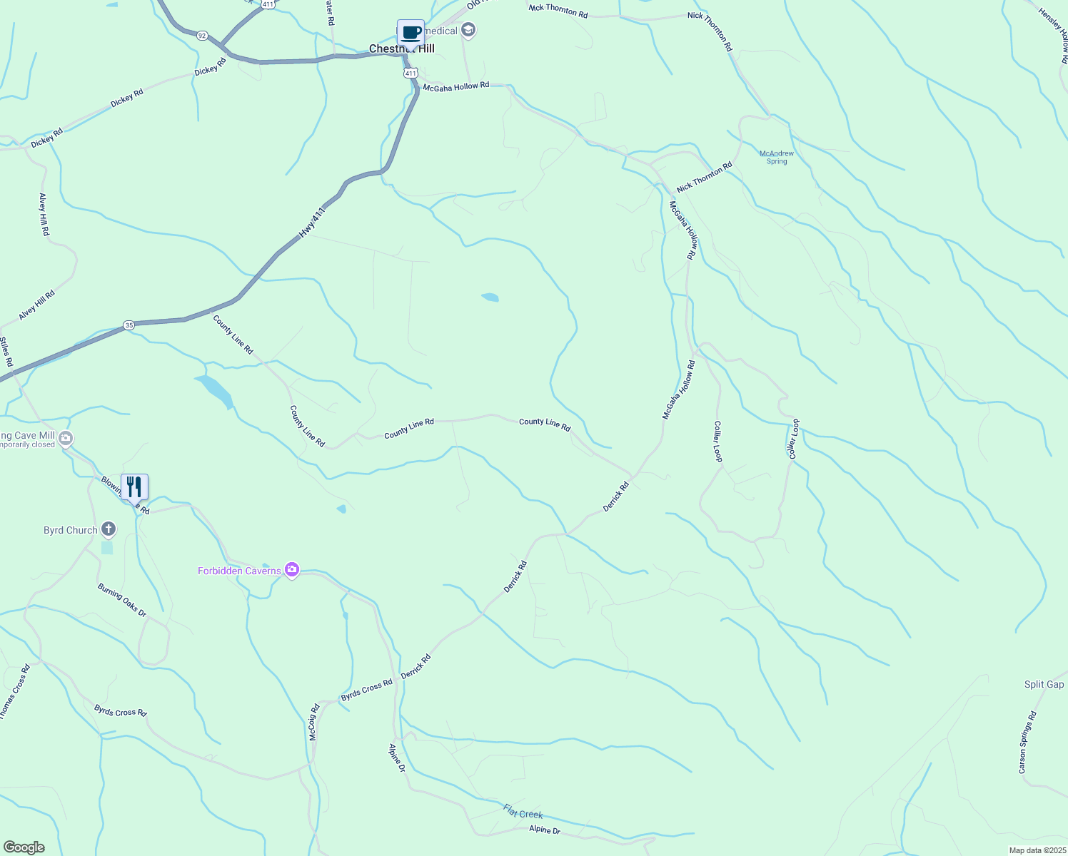 map of restaurants, bars, coffee shops, grocery stores, and more near 516 County Line Rd in Dandridge