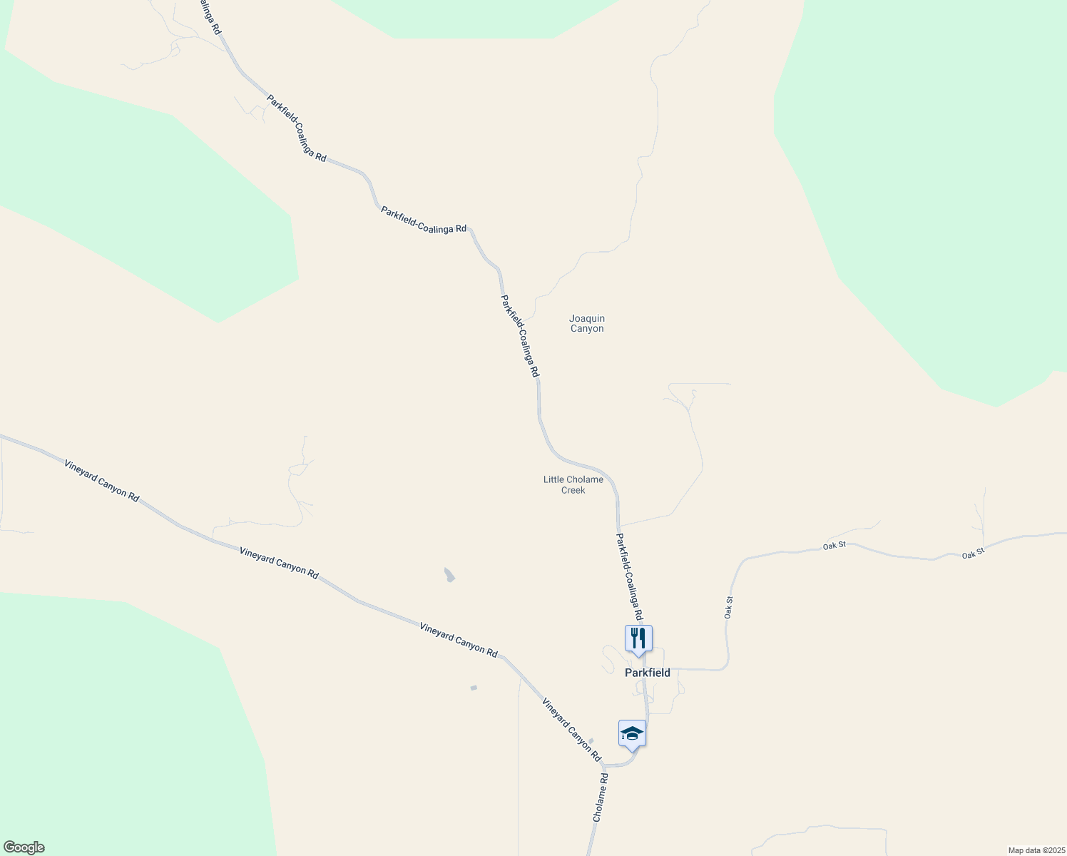 map of restaurants, bars, coffee shops, grocery stores, and more near 69610 Parkfield-Coalinga Road in San Miguel