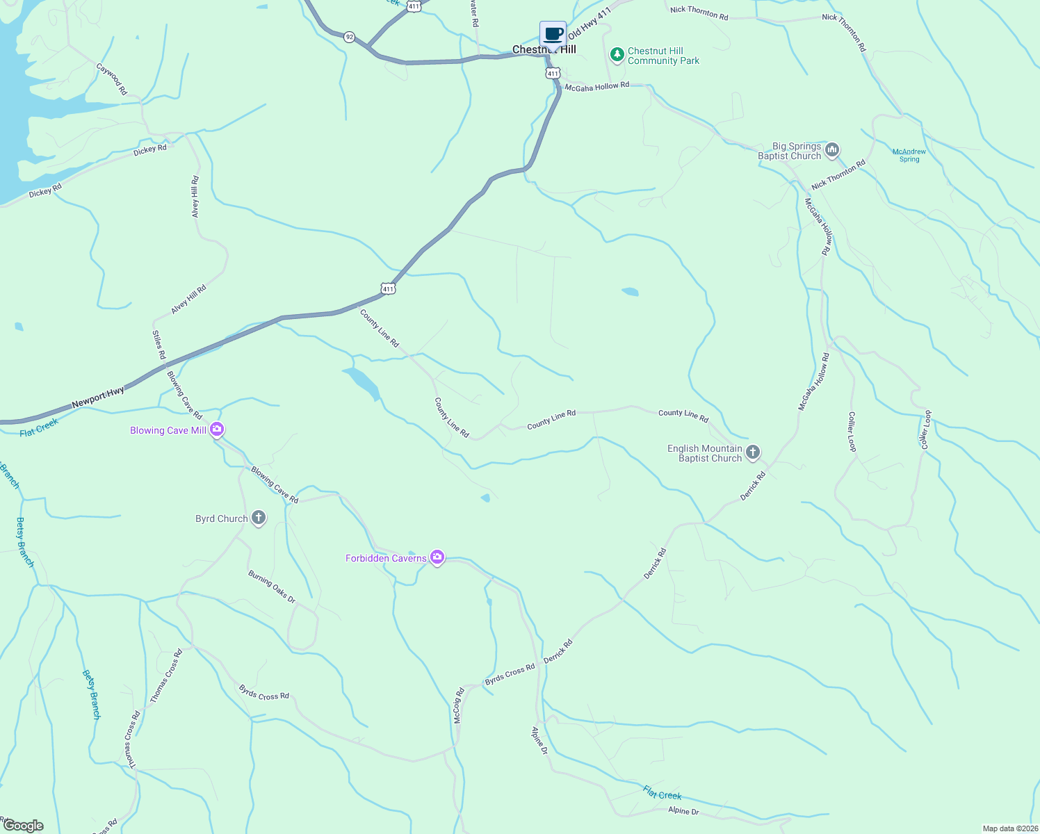 map of restaurants, bars, coffee shops, grocery stores, and more near 329 County Line Road in Dandridge