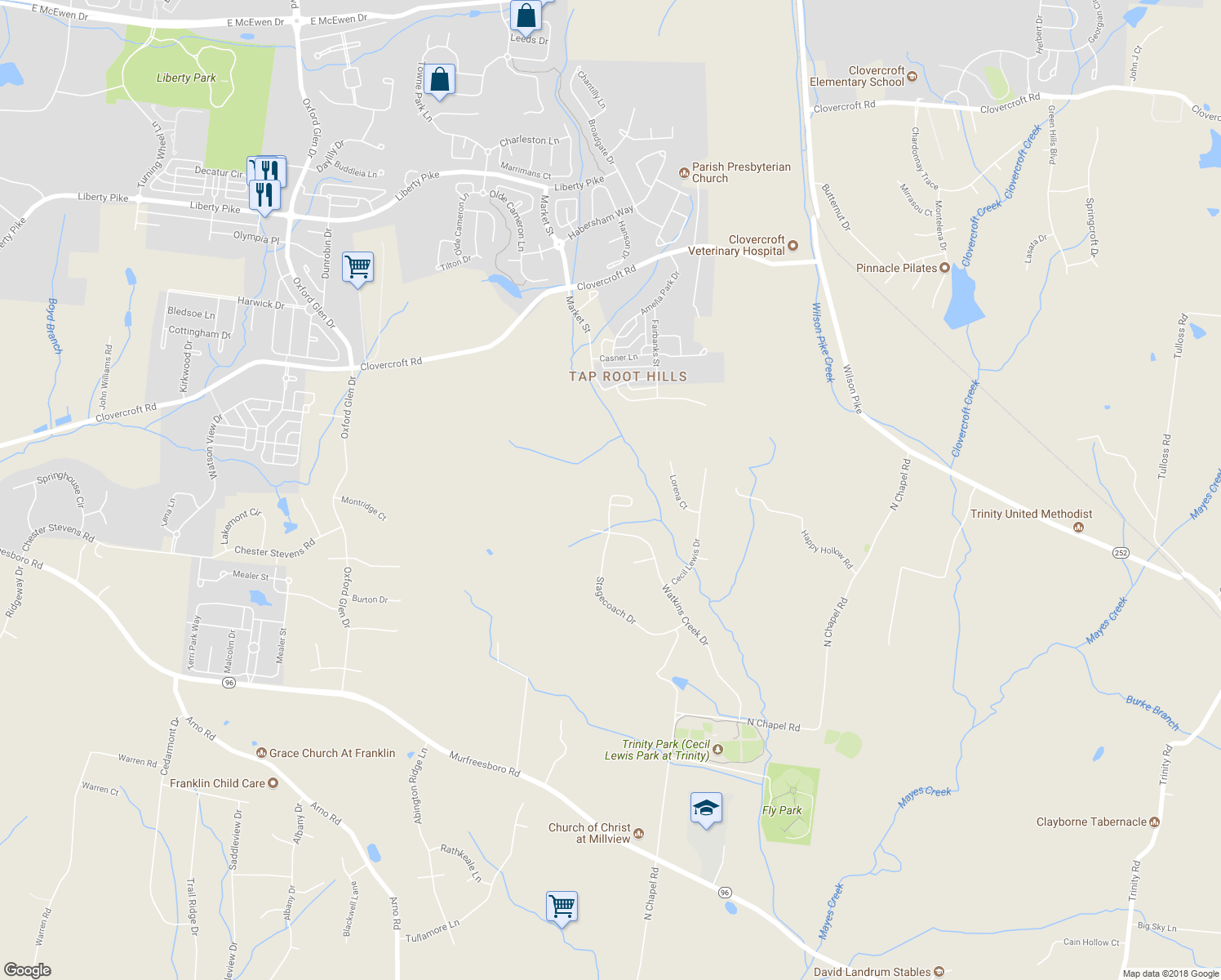 map of restaurants, bars, coffee shops, grocery stores, and more near 4524 Stagecoach Circle in Franklin