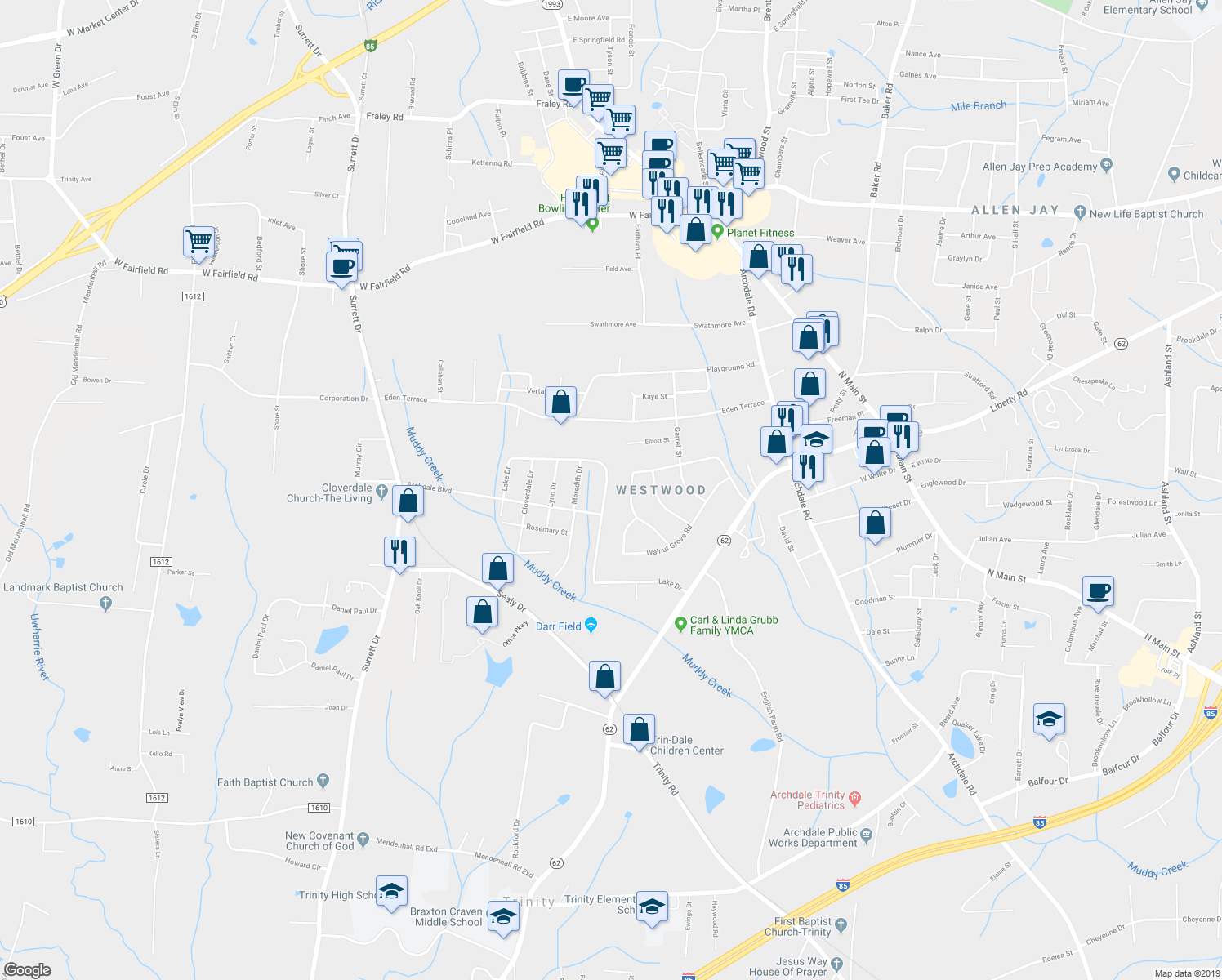 map of restaurants, bars, coffee shops, grocery stores, and more near 310 Lake Drive in Archdale