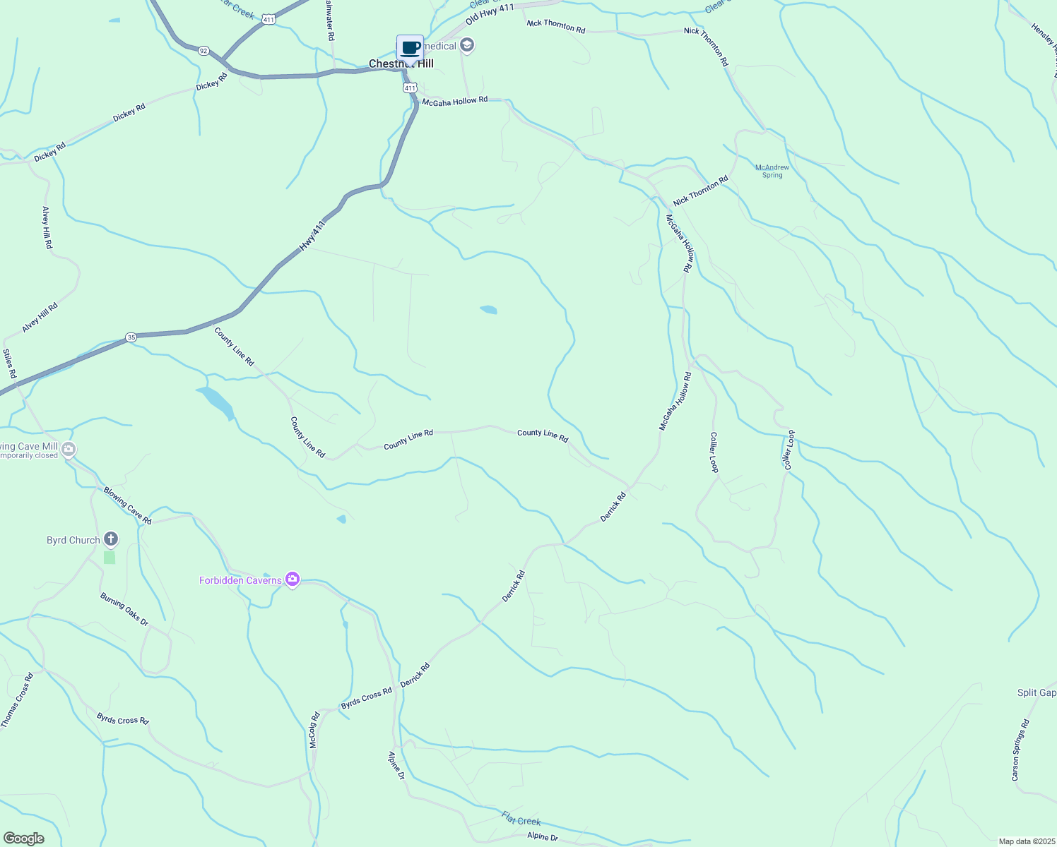 map of restaurants, bars, coffee shops, grocery stores, and more near 516 County Line Road in Dandridge
