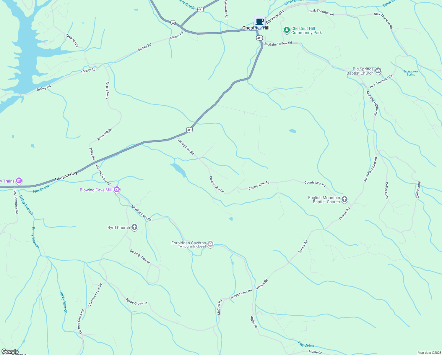map of restaurants, bars, coffee shops, grocery stores, and more near 201 County Line Road in Dandridge