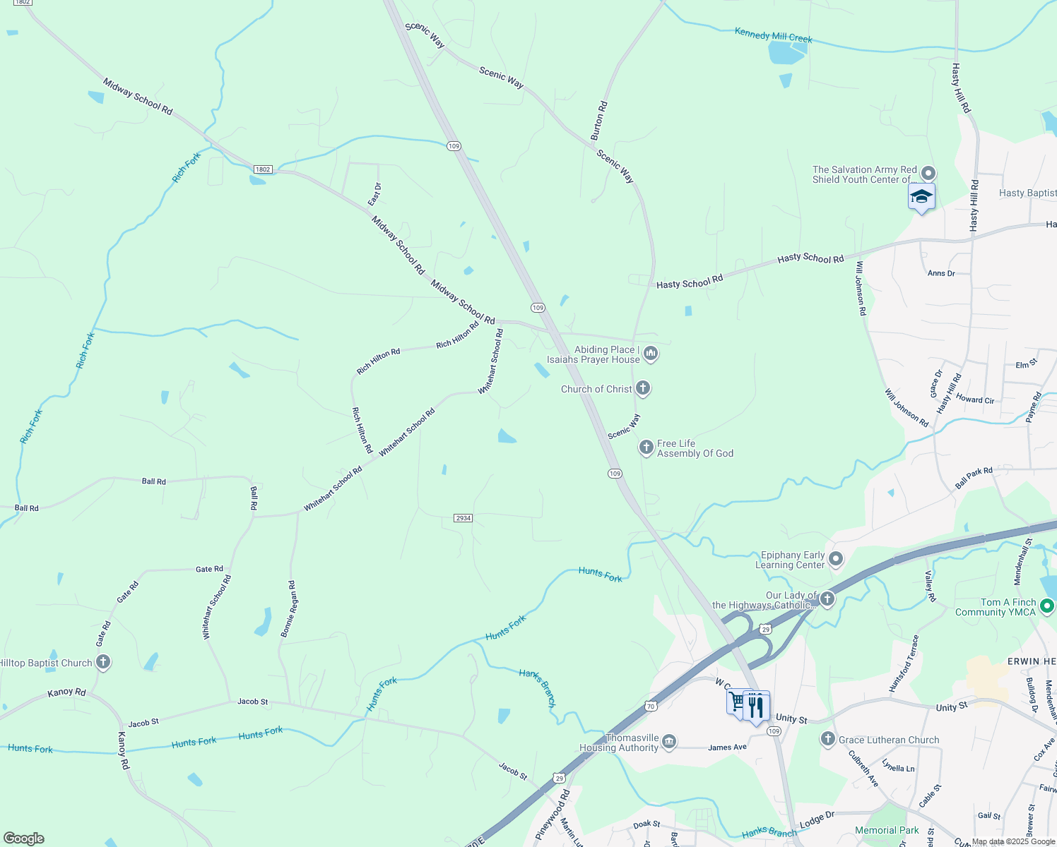 map of restaurants, bars, coffee shops, grocery stores, and more near 1726 Whitehart School Road in Thomasville