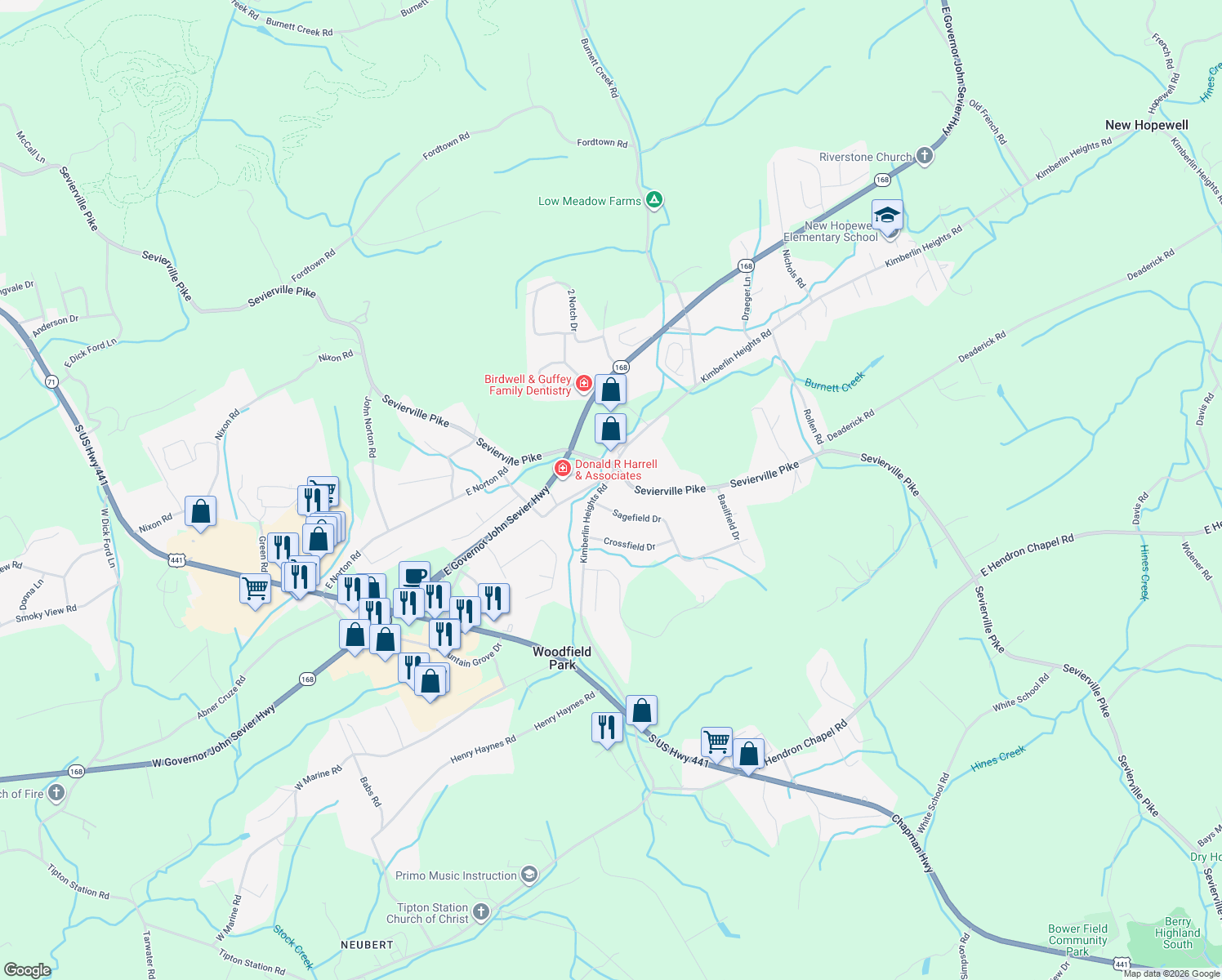 map of restaurants, bars, coffee shops, grocery stores, and more near 408 Kimberlin Heights Rd in Knoxville