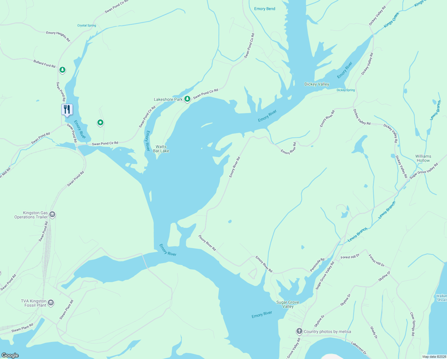 map of restaurants, bars, coffee shops, grocery stores, and more near 444 Emory River Road in Harriman