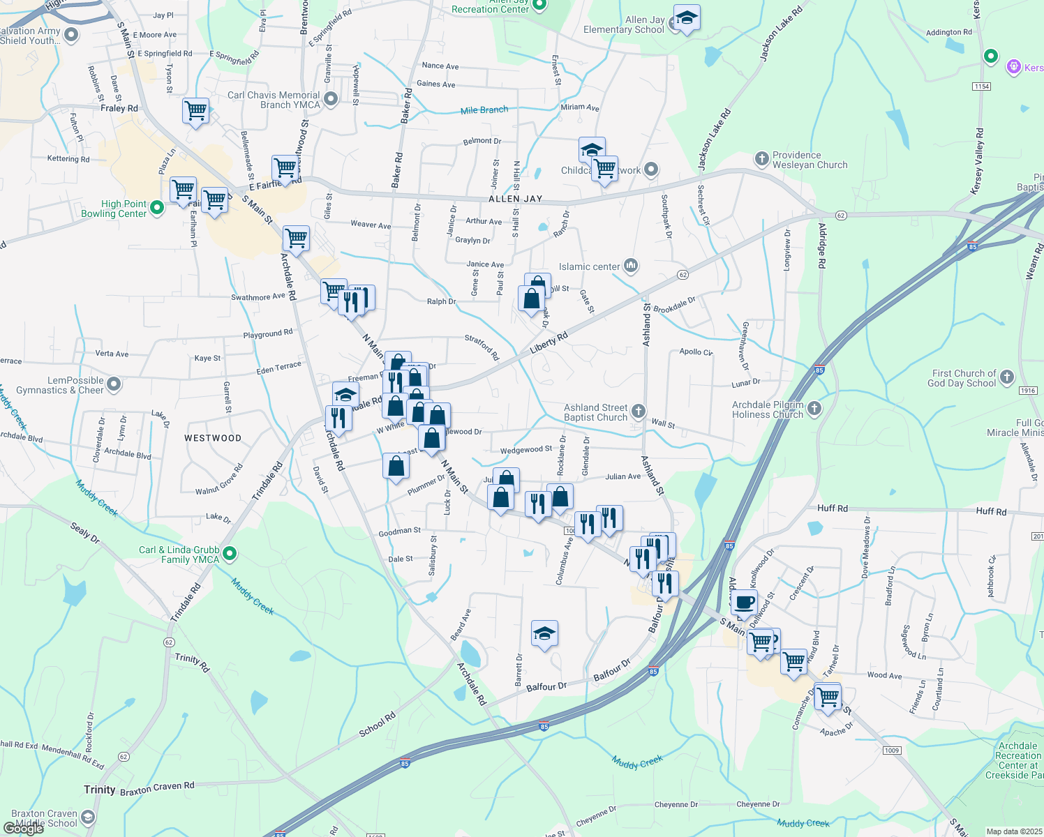 map of restaurants, bars, coffee shops, grocery stores, and more near 3404 Fountain Street in Archdale