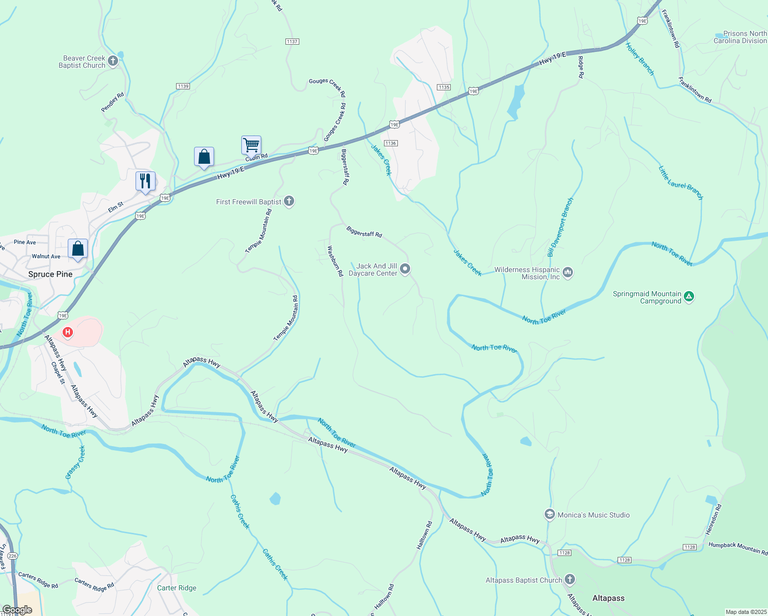 map of restaurants, bars, coffee shops, grocery stores, and more near 194 Ponderosa Road in Spruce Pine