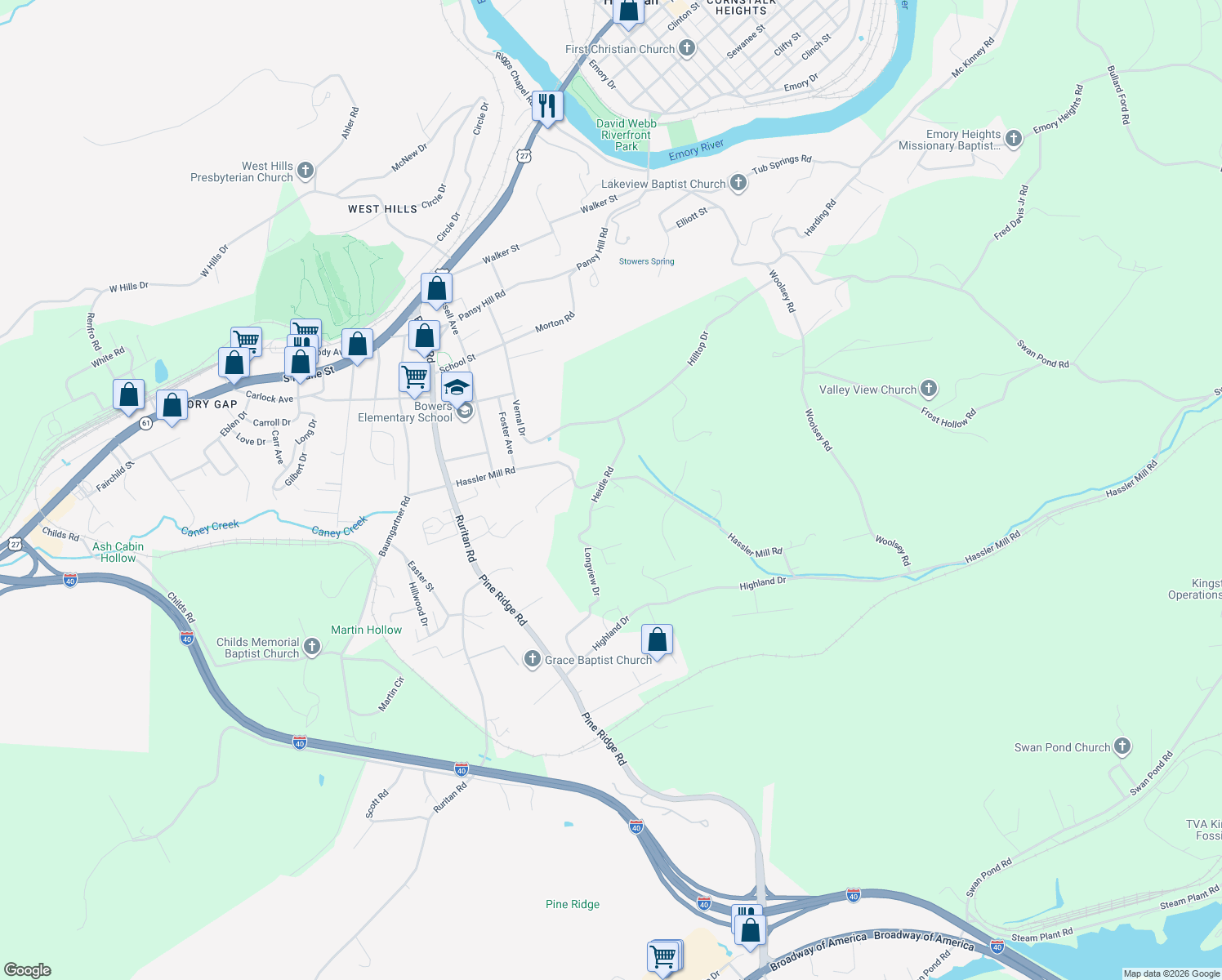 map of restaurants, bars, coffee shops, grocery stores, and more near 602 Hassler Mill Road in Harriman