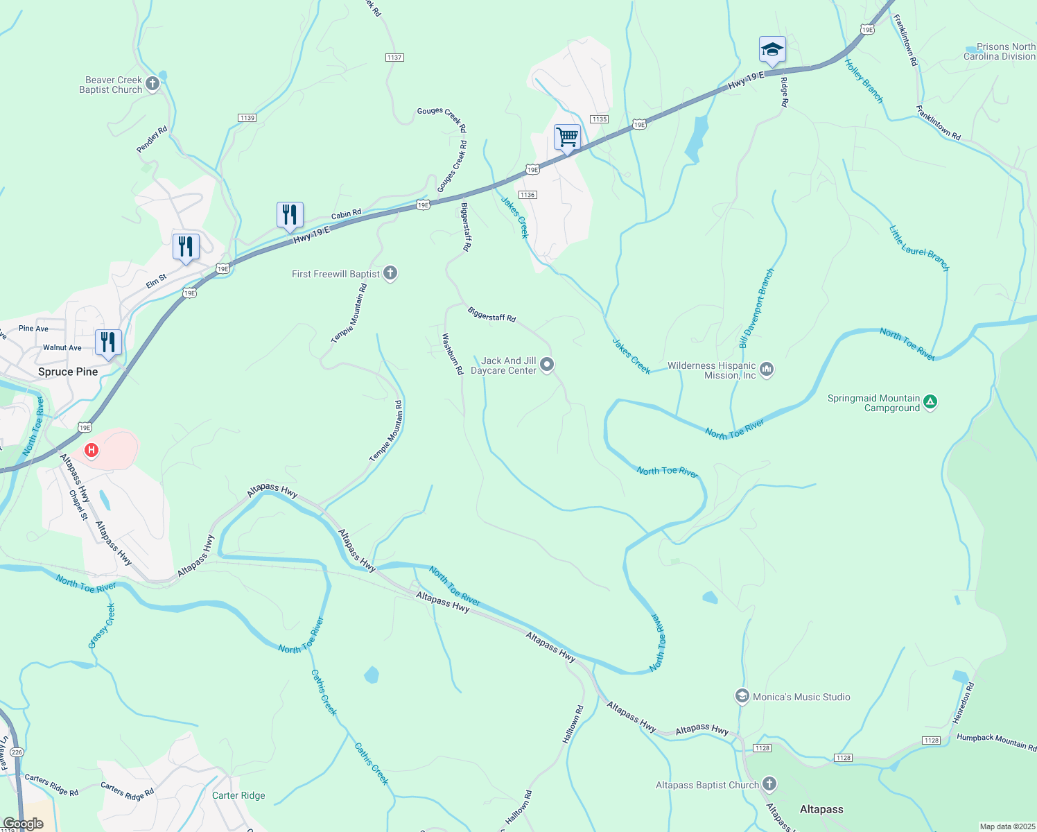 map of restaurants, bars, coffee shops, grocery stores, and more near 194 Ponderosa Road in Spruce Pine
