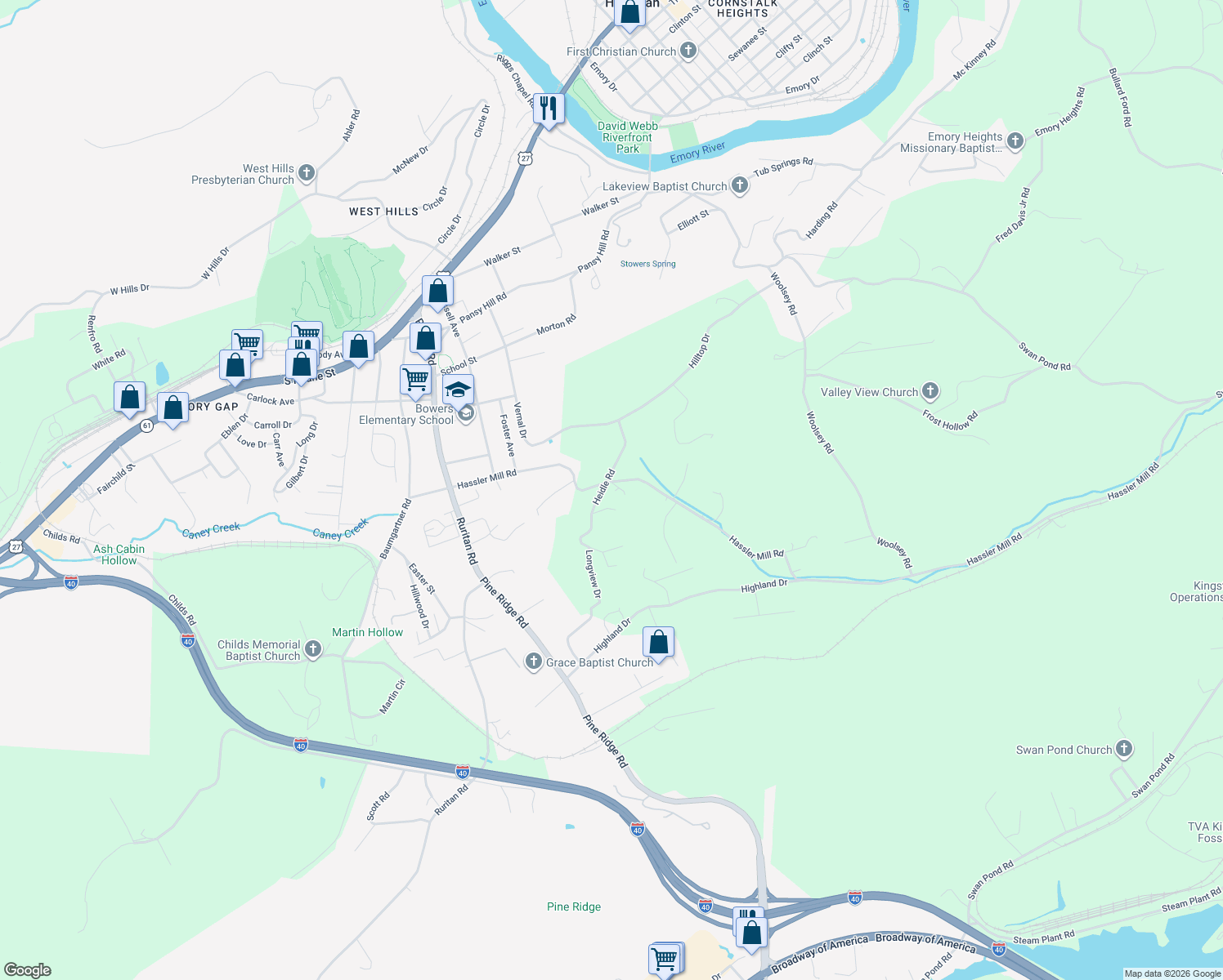 map of restaurants, bars, coffee shops, grocery stores, and more near 602 Hassler Mill Road in Harriman