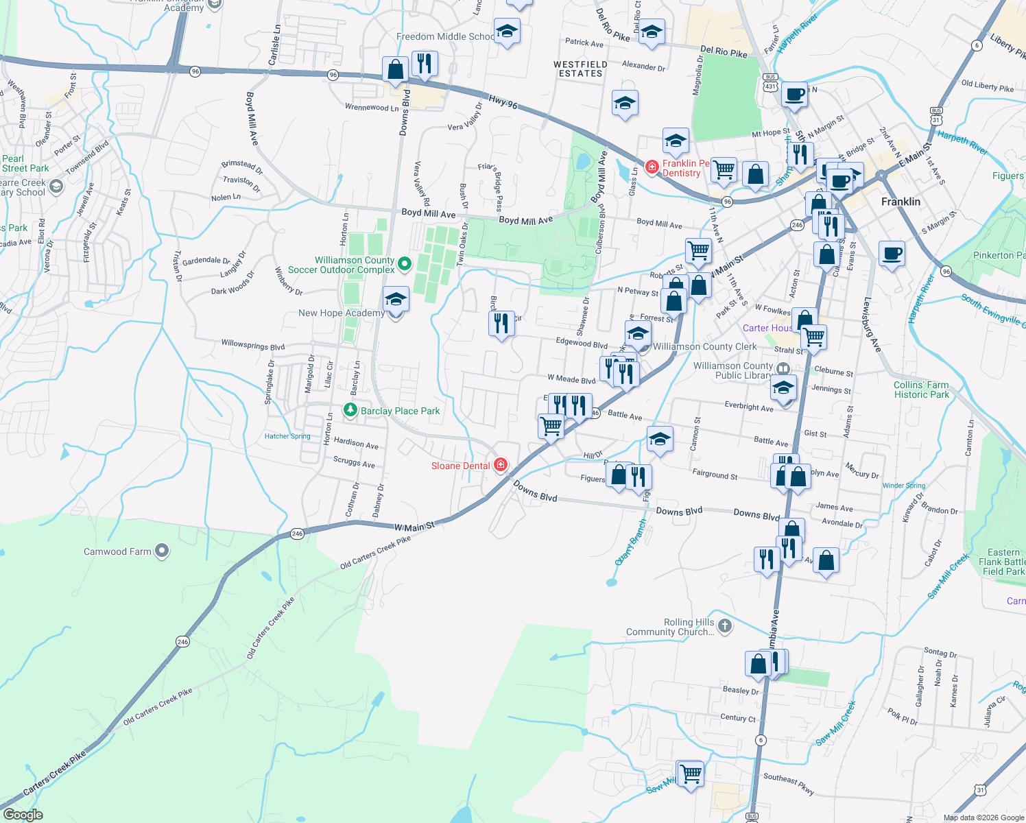 map of restaurants, bars, coffee shops, grocery stores, and more near 226 Helping Hands Drive in Franklin
