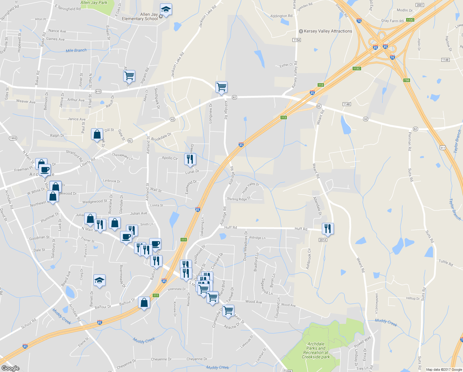map of restaurants, bars, coffee shops, grocery stores, and more near 512 Aldridge Road in Archdale