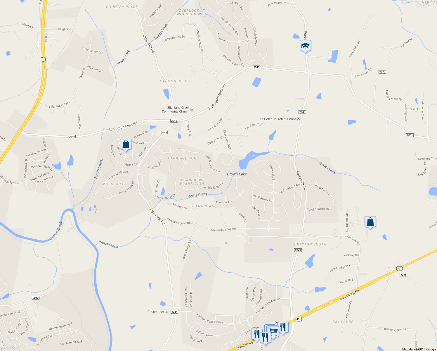 map of restaurants, bars, coffee shops, grocery stores, and more near 3612 Coach Lantern Avenue in Wake Forest