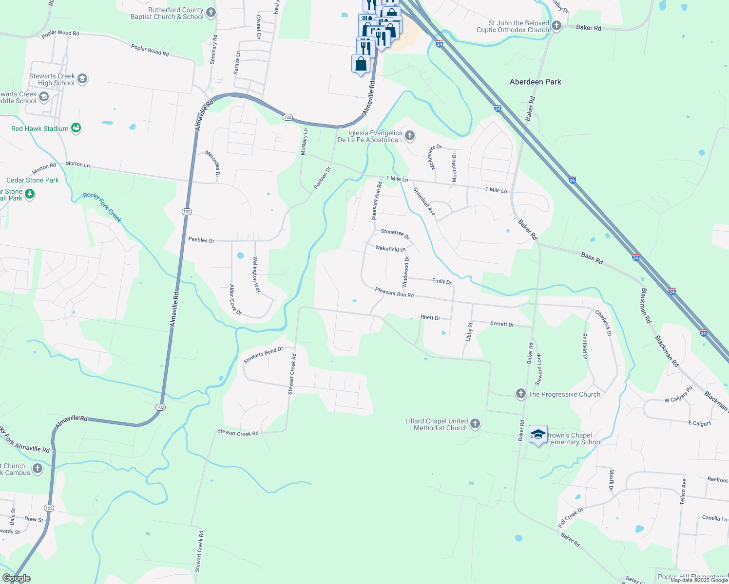 map of restaurants, bars, coffee shops, grocery stores, and more near 266 Pleasant Run Road in Smyrna