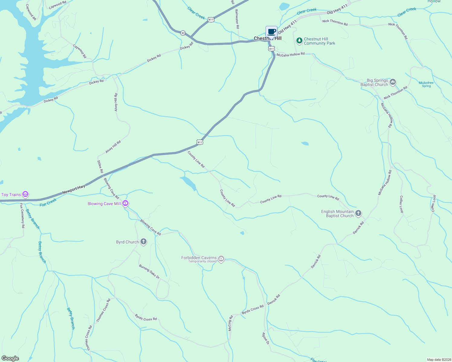 map of restaurants, bars, coffee shops, grocery stores, and more near 201 County Line Rd in Dandridge