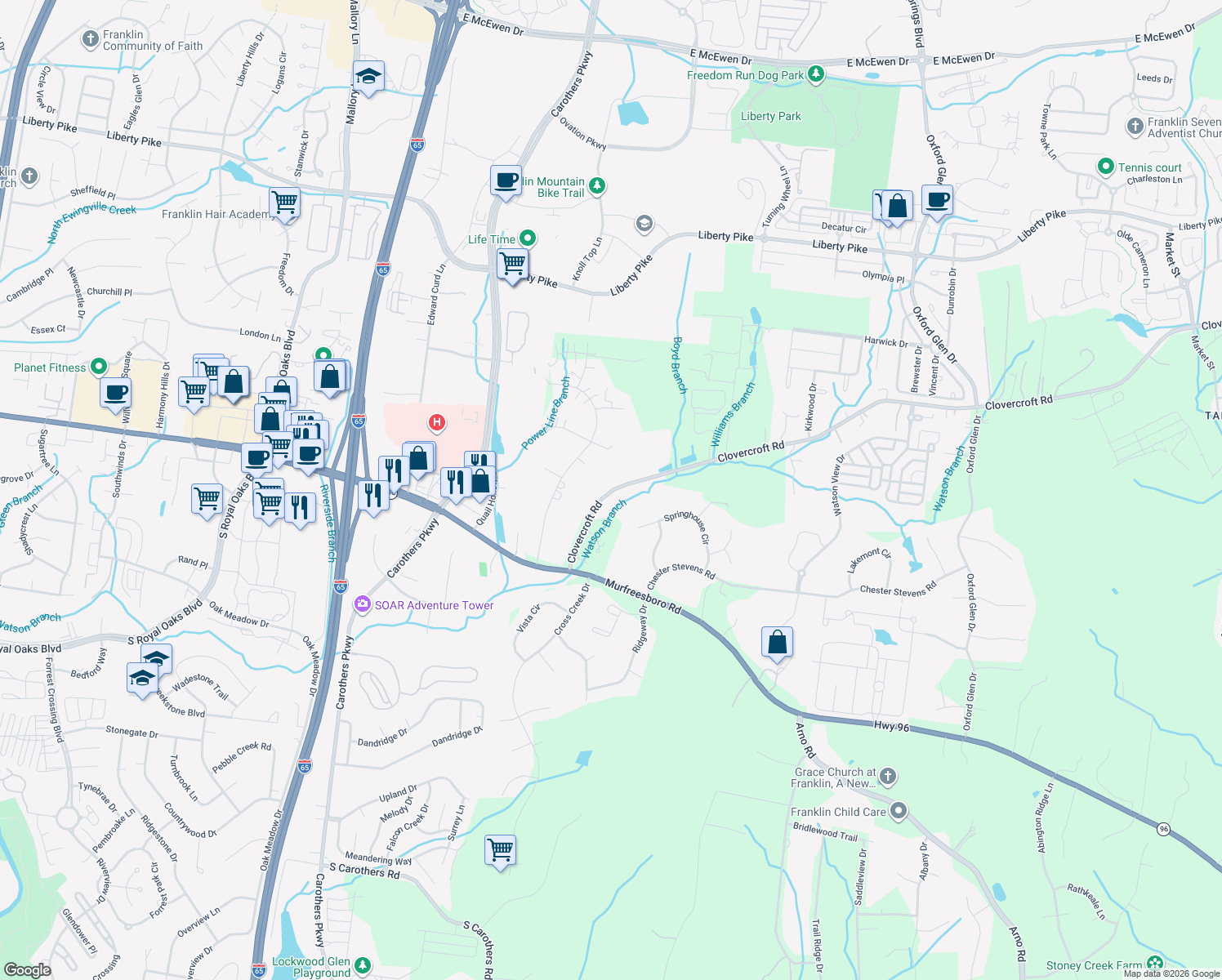 map of restaurants, bars, coffee shops, grocery stores, and more near 4020 Clovercroft Road in Franklin