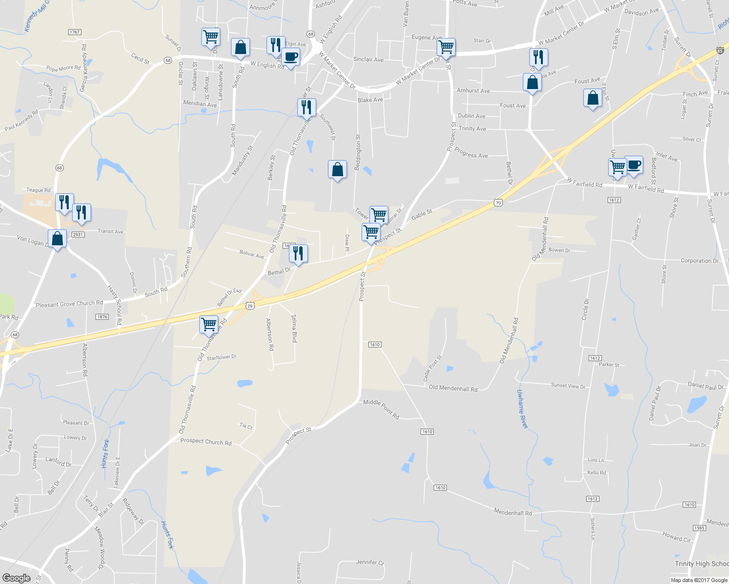 map of restaurants, bars, coffee shops, grocery stores, and more near 6130 Prospect Street in Archdale