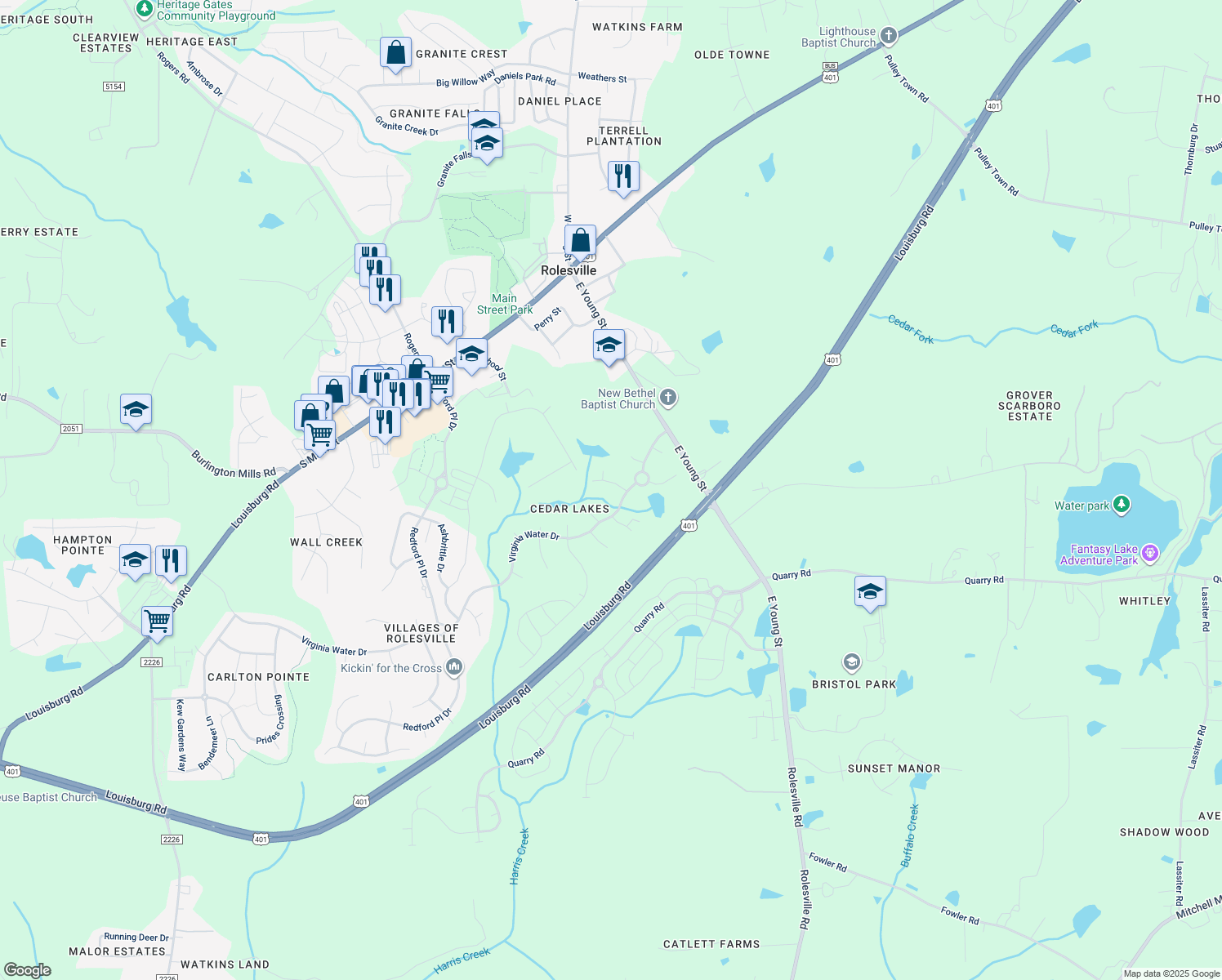 map of restaurants, bars, coffee shops, grocery stores, and more near 542 Irina Dr in Rolesville
