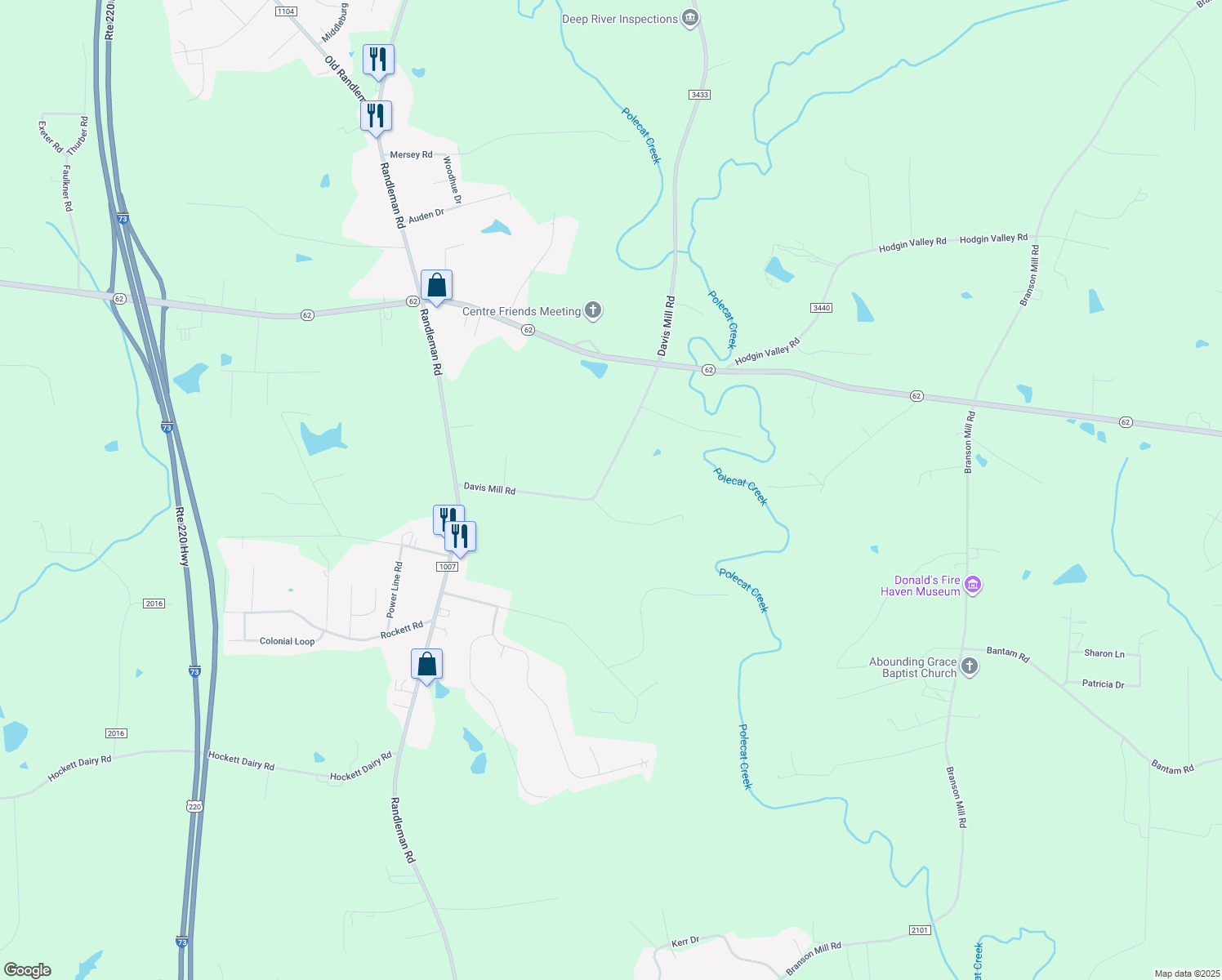map of restaurants, bars, coffee shops, grocery stores, and more near 6221 Davis Mill Road in Randleman