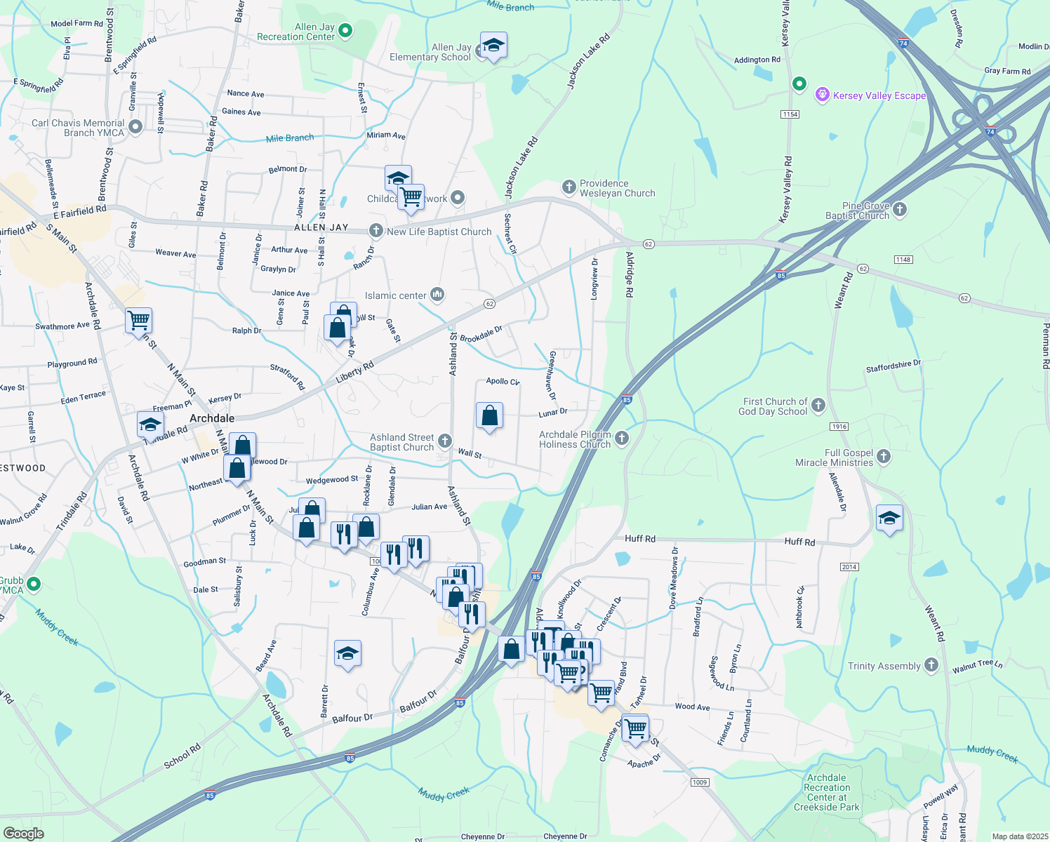 map of restaurants, bars, coffee shops, grocery stores, and more near 153 Apollo Cir in Archdale