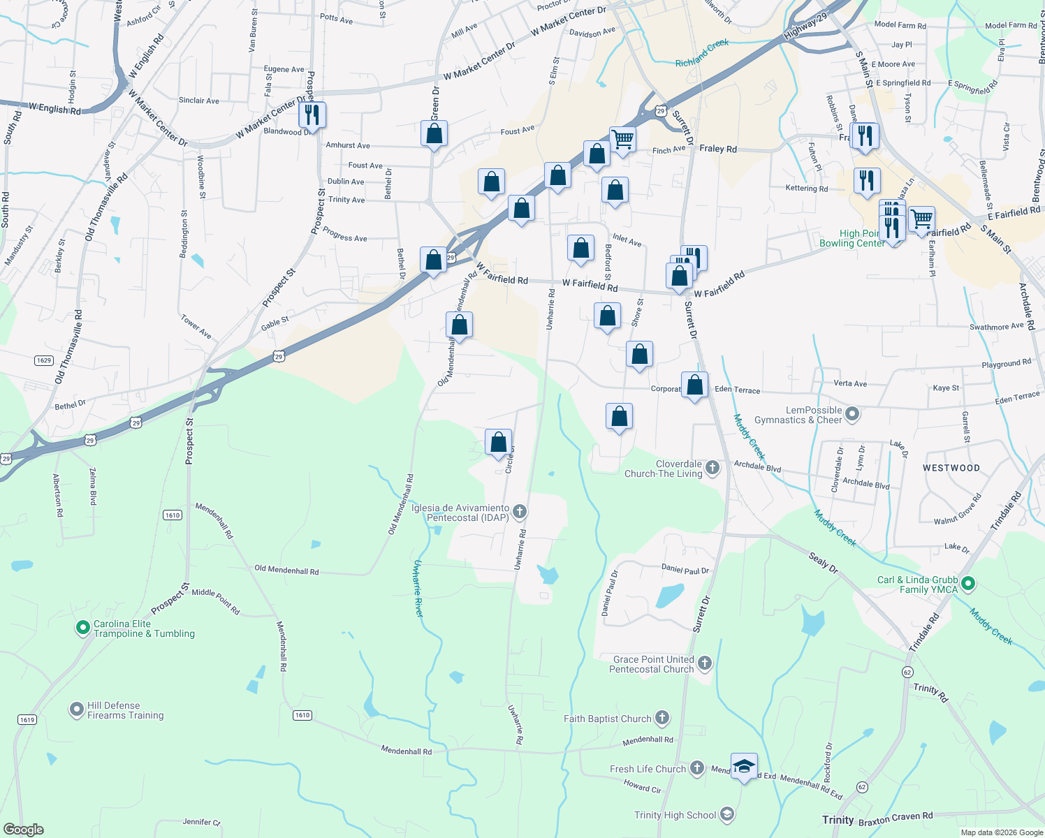 map of restaurants, bars, coffee shops, grocery stores, and more near 203 Circle Drive in Archdale