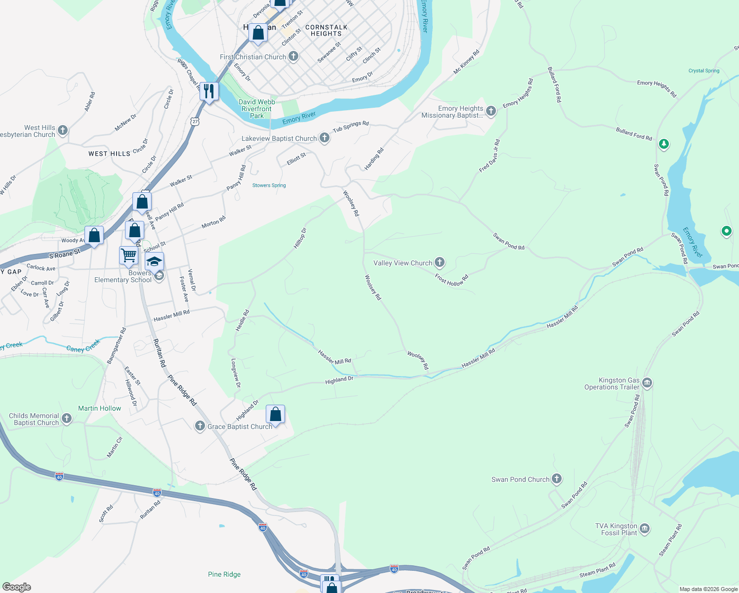 map of restaurants, bars, coffee shops, grocery stores, and more near 452 Woolsey Road in Harriman