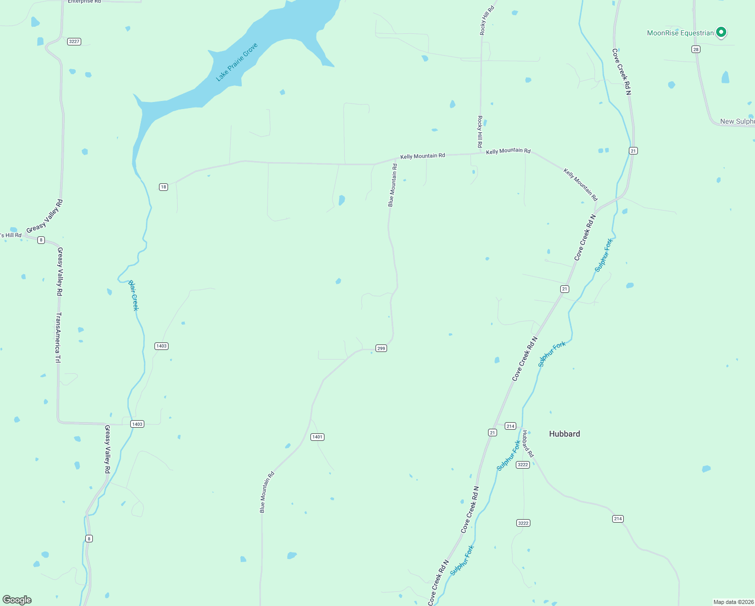 map of restaurants, bars, coffee shops, grocery stores, and more near 13886 Blue Mountain Road in Prairie Grove