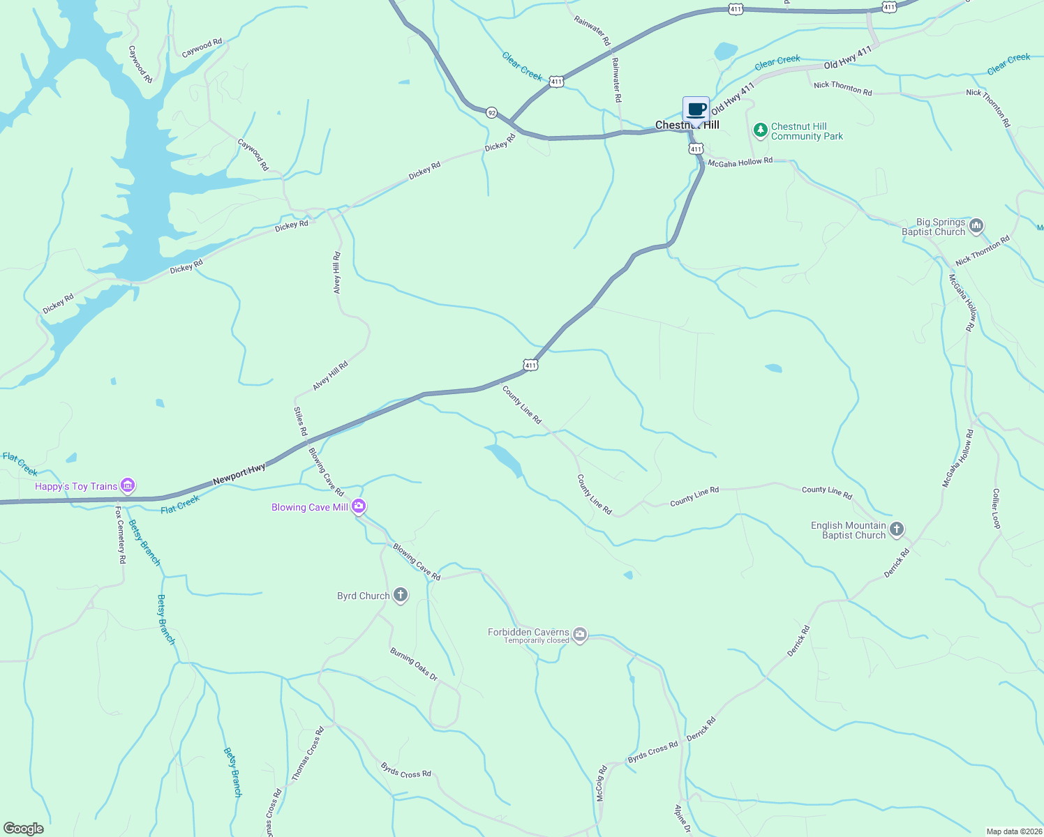 map of restaurants, bars, coffee shops, grocery stores, and more near 132 County Line Rd in Dandridge