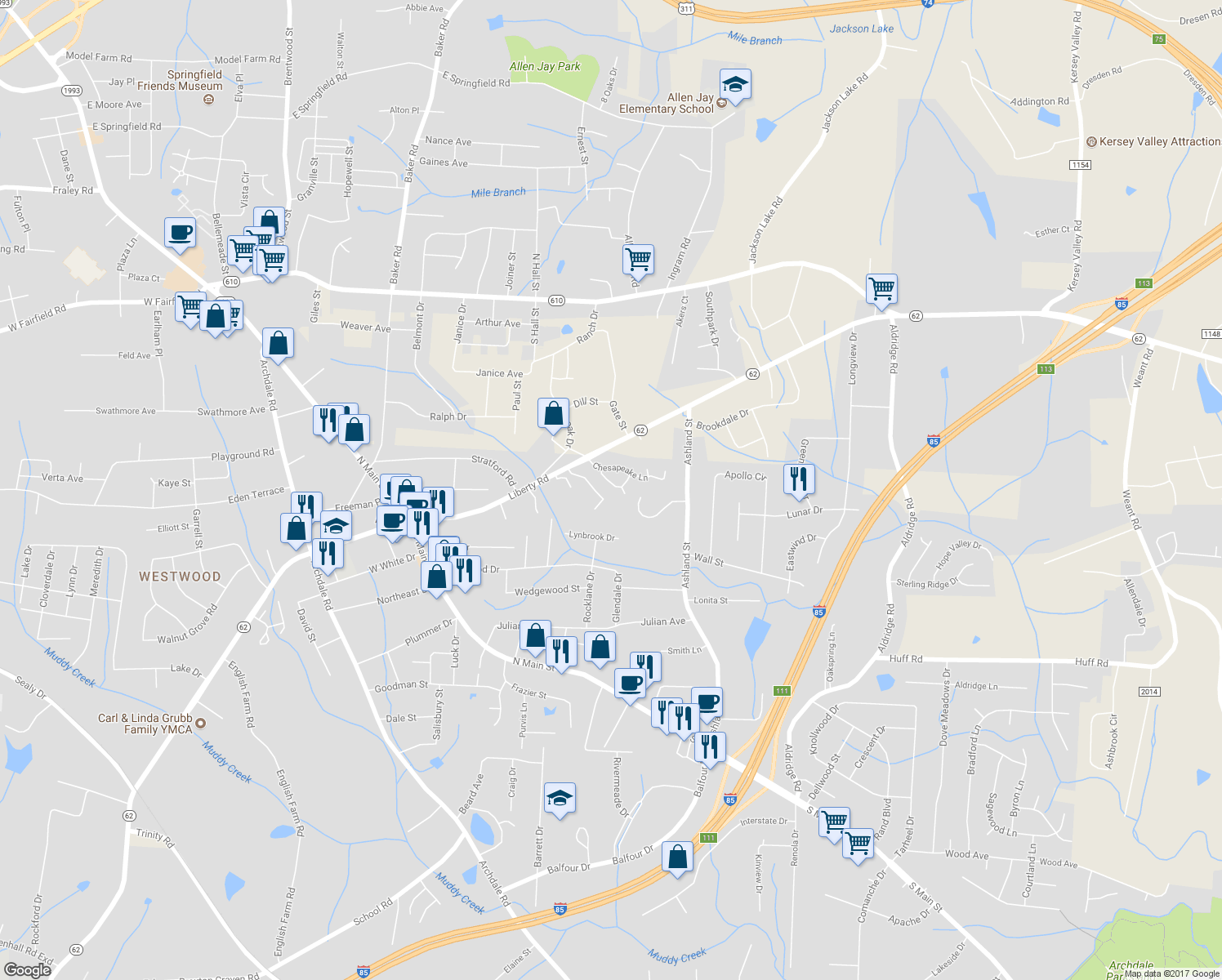 map of restaurants, bars, coffee shops, grocery stores, and more near 508 Oakmont Circle in Archdale