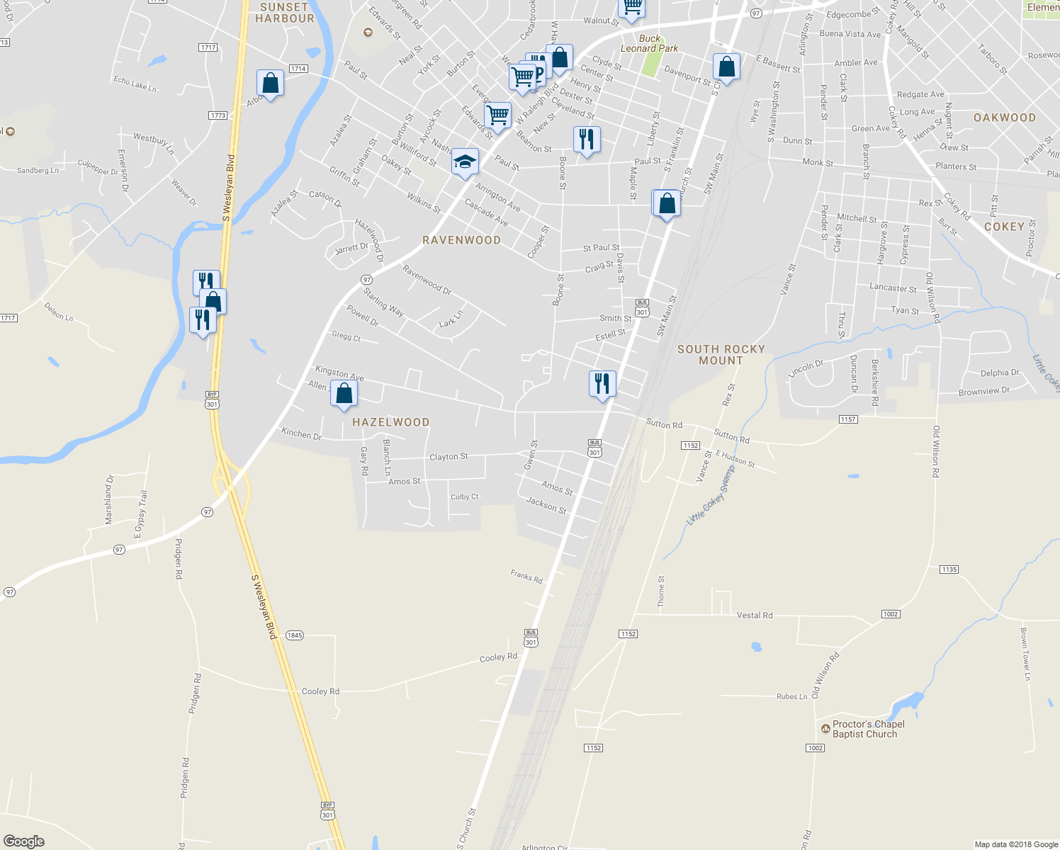 map of restaurants, bars, coffee shops, grocery stores, and more near 2508 Gwen Street in Rocky Mount