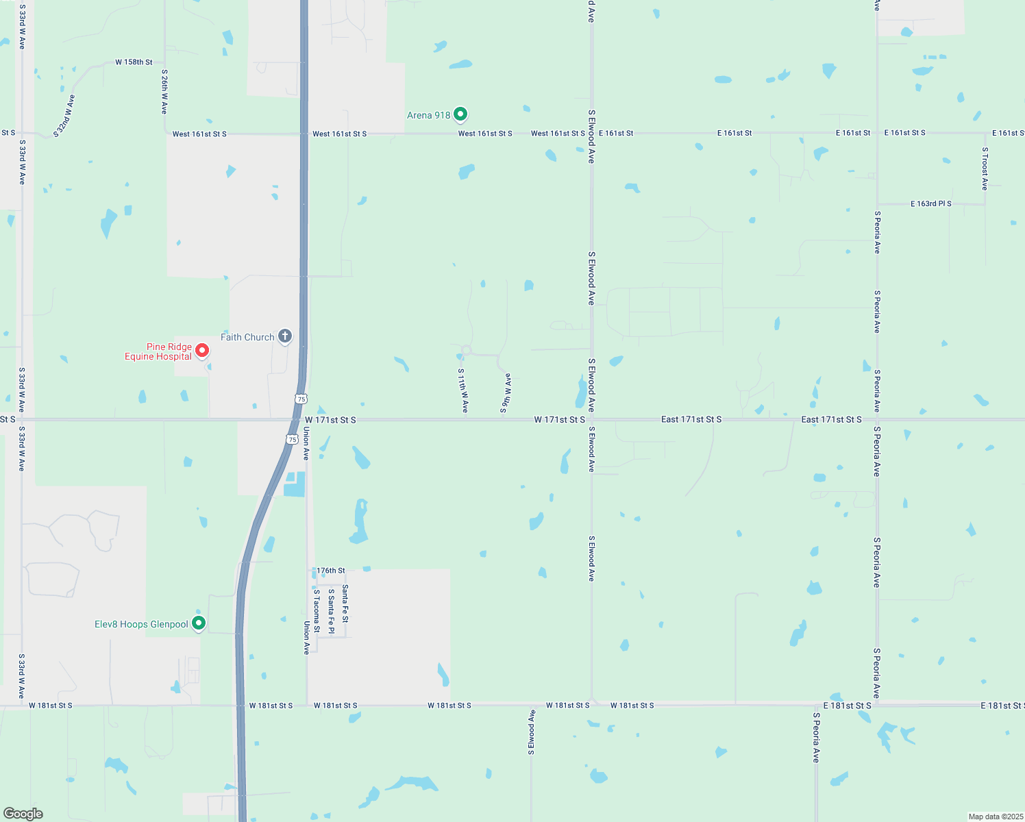 map of restaurants, bars, coffee shops, grocery stores, and more near 17083 South 9th West Avenue in Glenpool