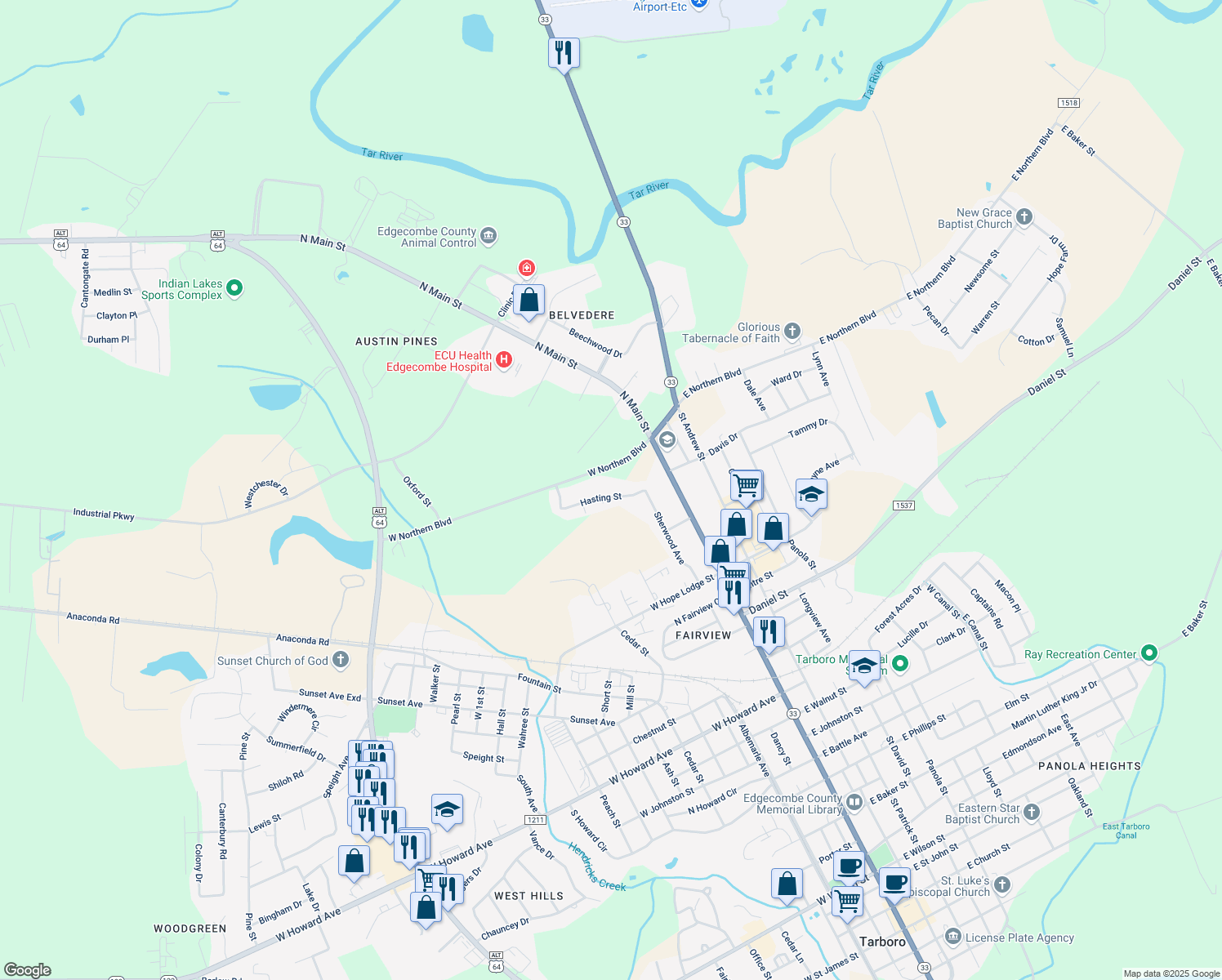 map of restaurants, bars, coffee shops, grocery stores, and more near 210 Hasting Street in Tarboro