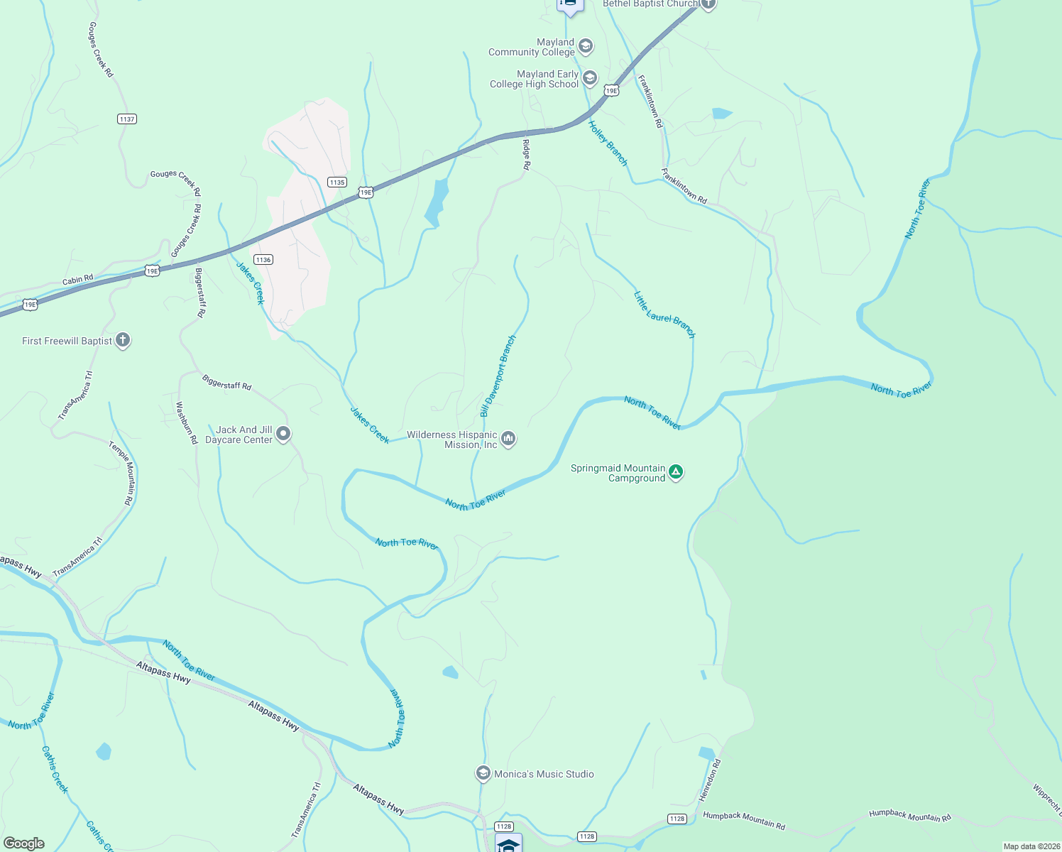 map of restaurants, bars, coffee shops, grocery stores, and more near 1057 Vaughn Road in Spruce Pine