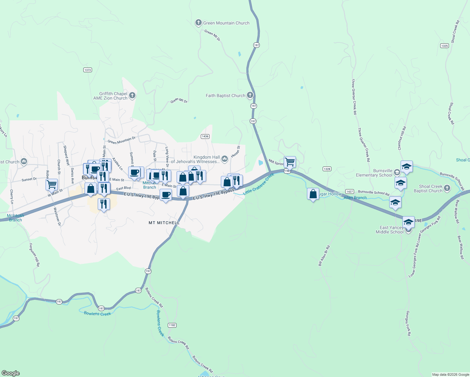 map of restaurants, bars, coffee shops, grocery stores, and more near 496 North Carolina 197 in Burnsville