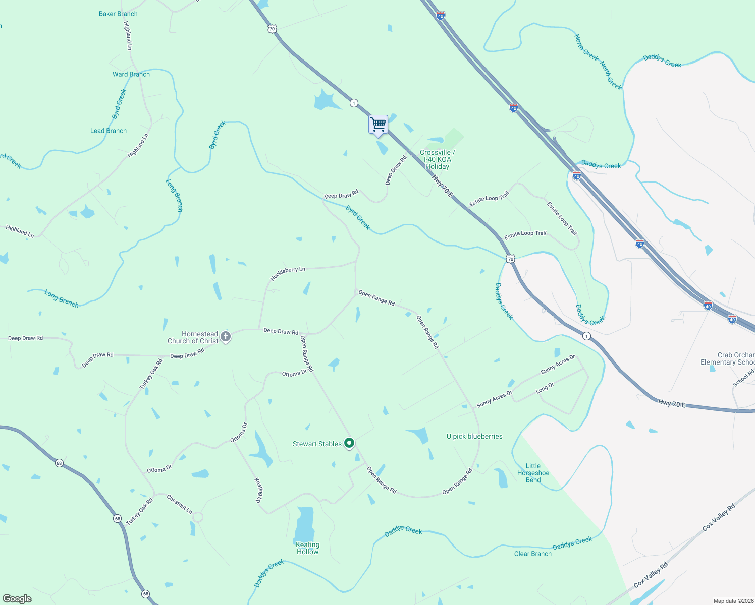 map of restaurants, bars, coffee shops, grocery stores, and more near 2359 Open Range Road in Crossville