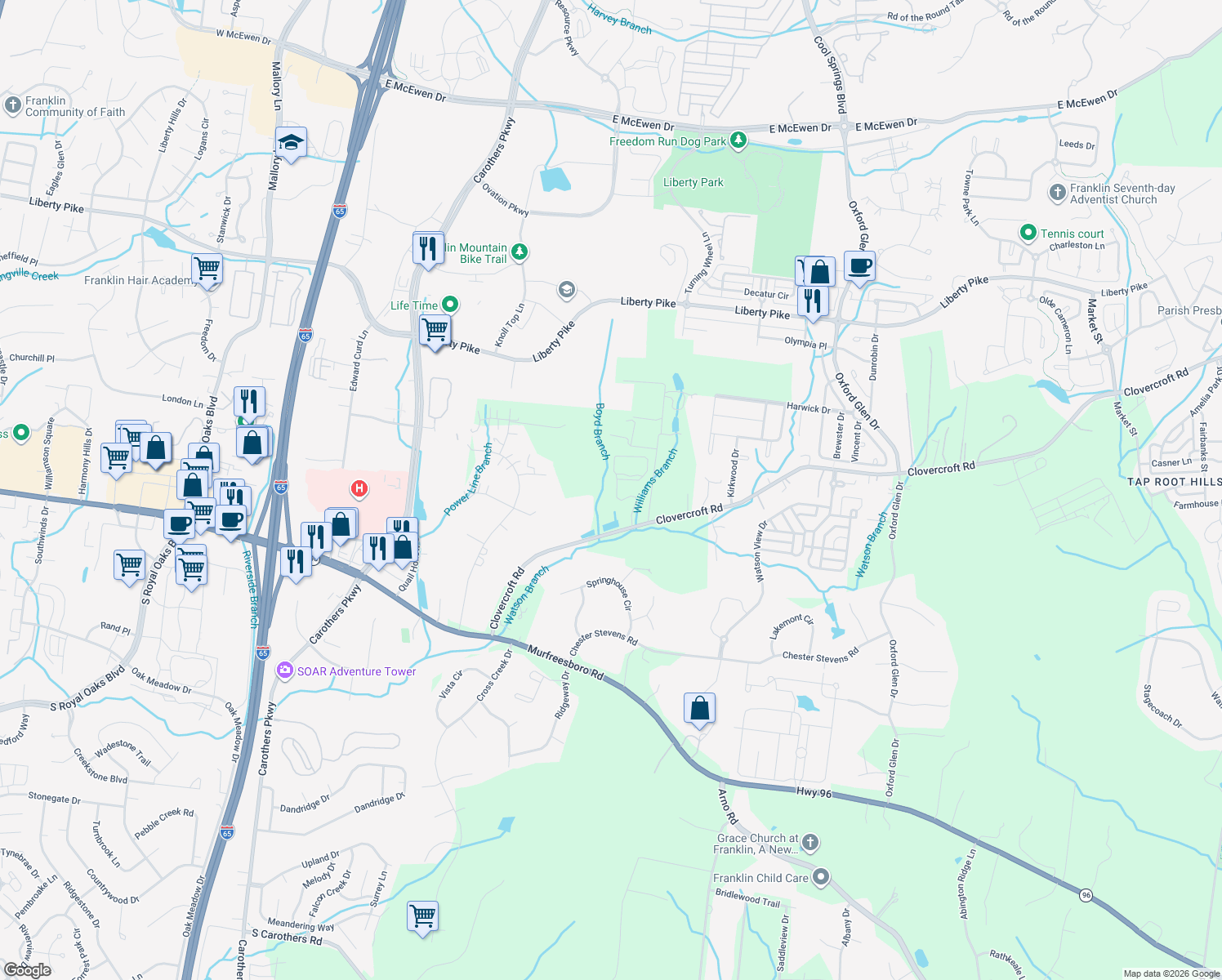 map of restaurants, bars, coffee shops, grocery stores, and more near 4038 Clovercroft Road in Franklin