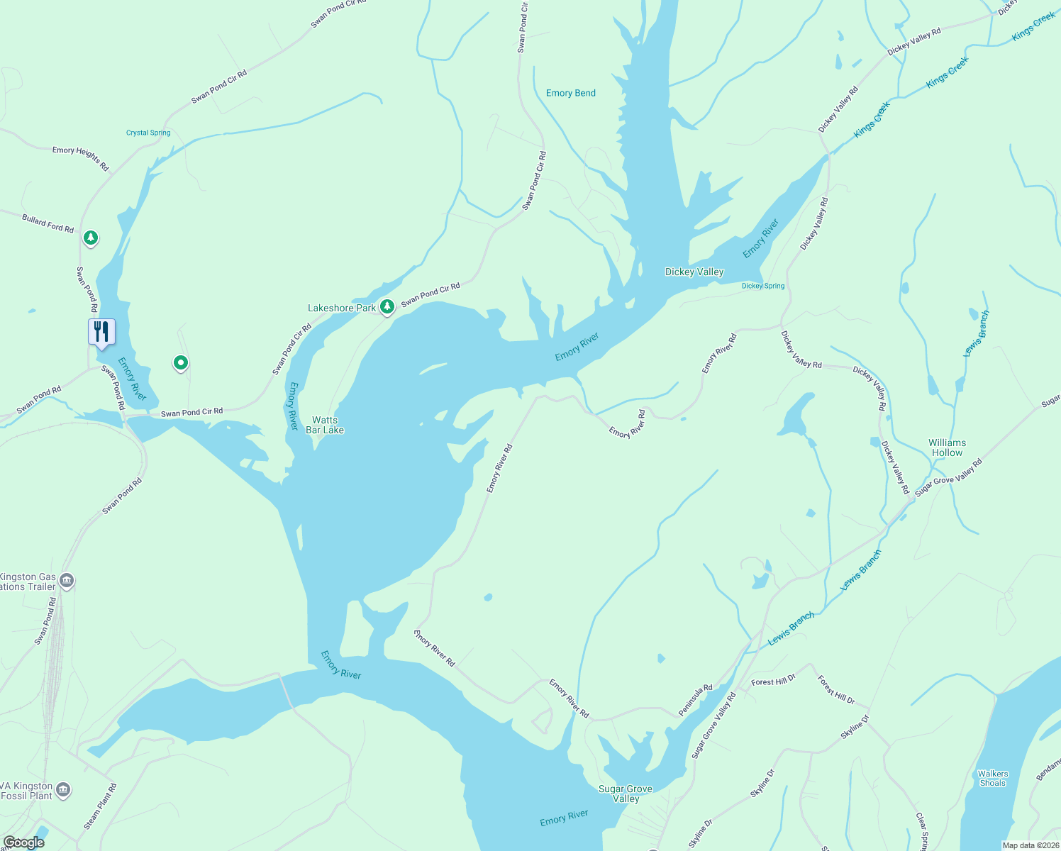 map of restaurants, bars, coffee shops, grocery stores, and more near 385 Emory River Road in Harriman