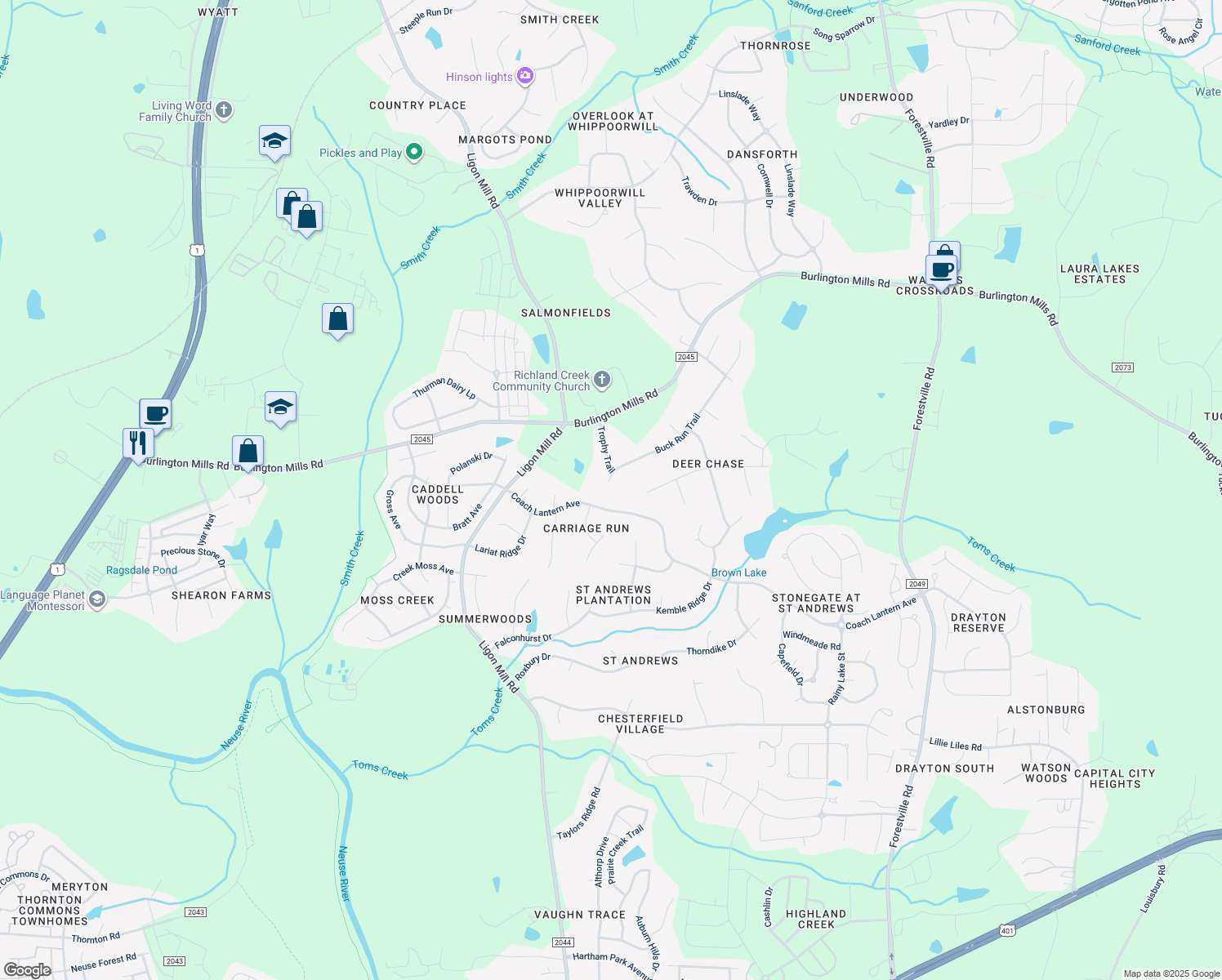 map of restaurants, bars, coffee shops, grocery stores, and more near 3200 Buck Run Trail in Wake Forest