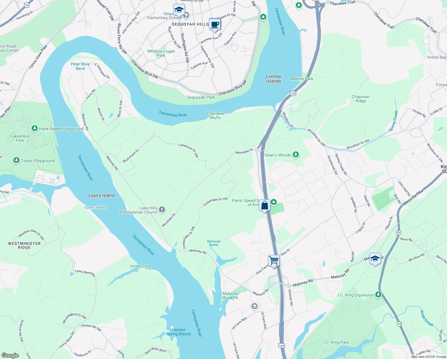 map of restaurants, bars, coffee shops, grocery stores, and more near 3316 Timberlake Drive Southwest in Knoxville