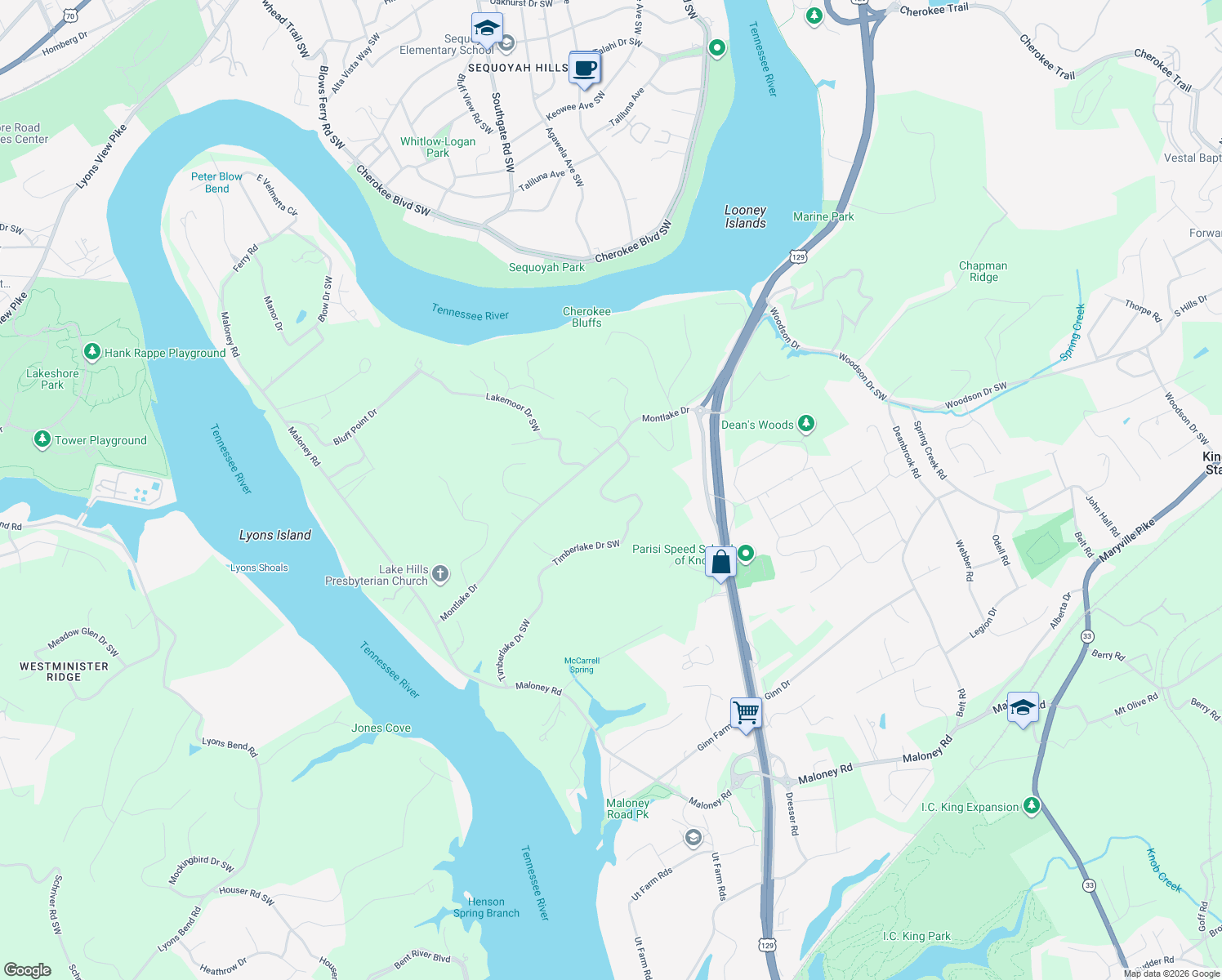 map of restaurants, bars, coffee shops, grocery stores, and more near 3316 Timberlake Drive Southwest in Knoxville