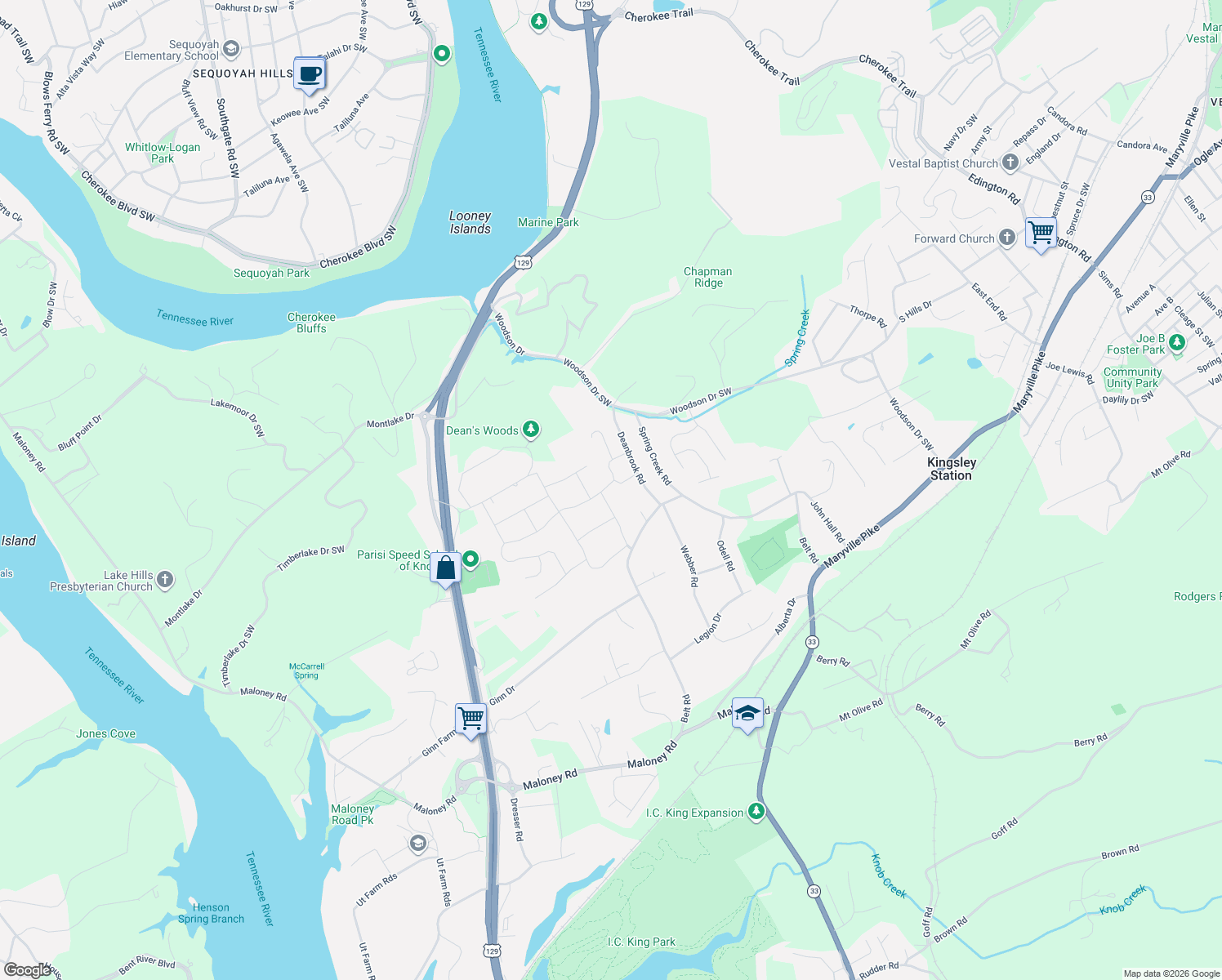 map of restaurants, bars, coffee shops, grocery stores, and more near 3000 Saratoga Dr in Knoxville